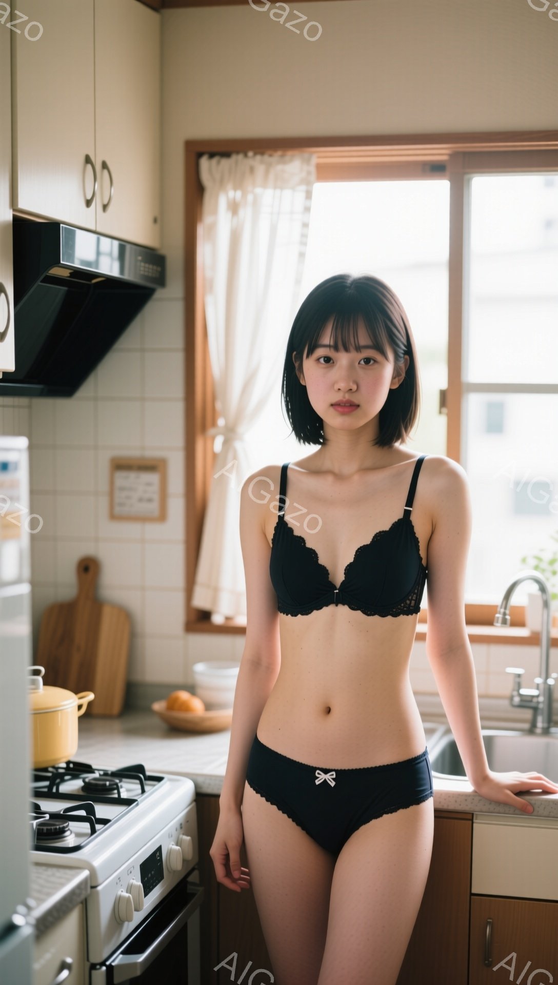 短い黒髪の女性がキッチンで下着姿で立っている。彼女はレースのブラとハイウエストのショーツを着用し、少し恥ずかしそうな表情でカメラを見つめている。背景には、調理器具、流し、窓があり、家庭的な雰囲気が漂っ - AI生成フリー素材