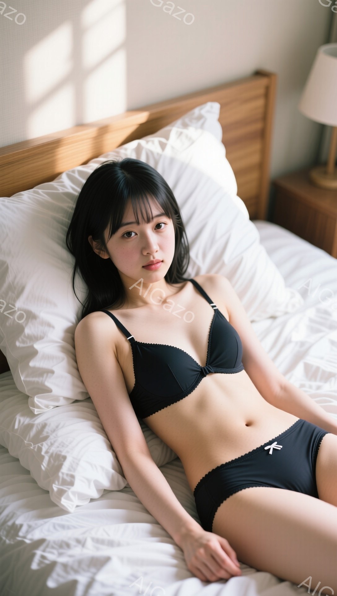 黒いブラとショーツを身につけた若い女性が、白いシーツのベッドに横たわっている。彼女は黒髪で、顔の横に落ちる前髪を持ち、リラックスした表情でカメラを見ている。背景には木製のベッドフレームと間接照明が見え - AI生成フリー素材