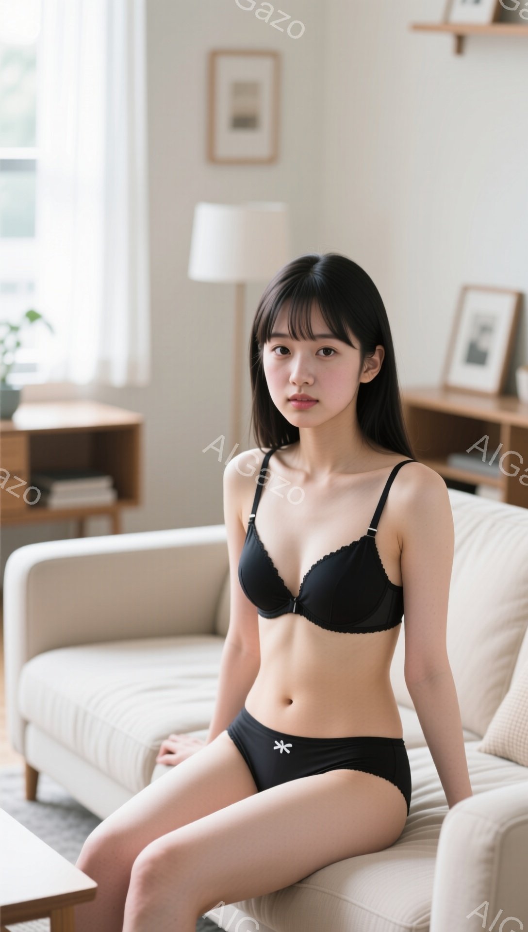黒髪の女性がベージュ色のソファに座っています。彼女は黒いレースのブラジャーとパンツを着用し、わずかに微笑んでいます。背景には木製の棚や写真が飾られ、明るく穏やかなリビングルームの雰囲気です。 - AI生成フリー素材