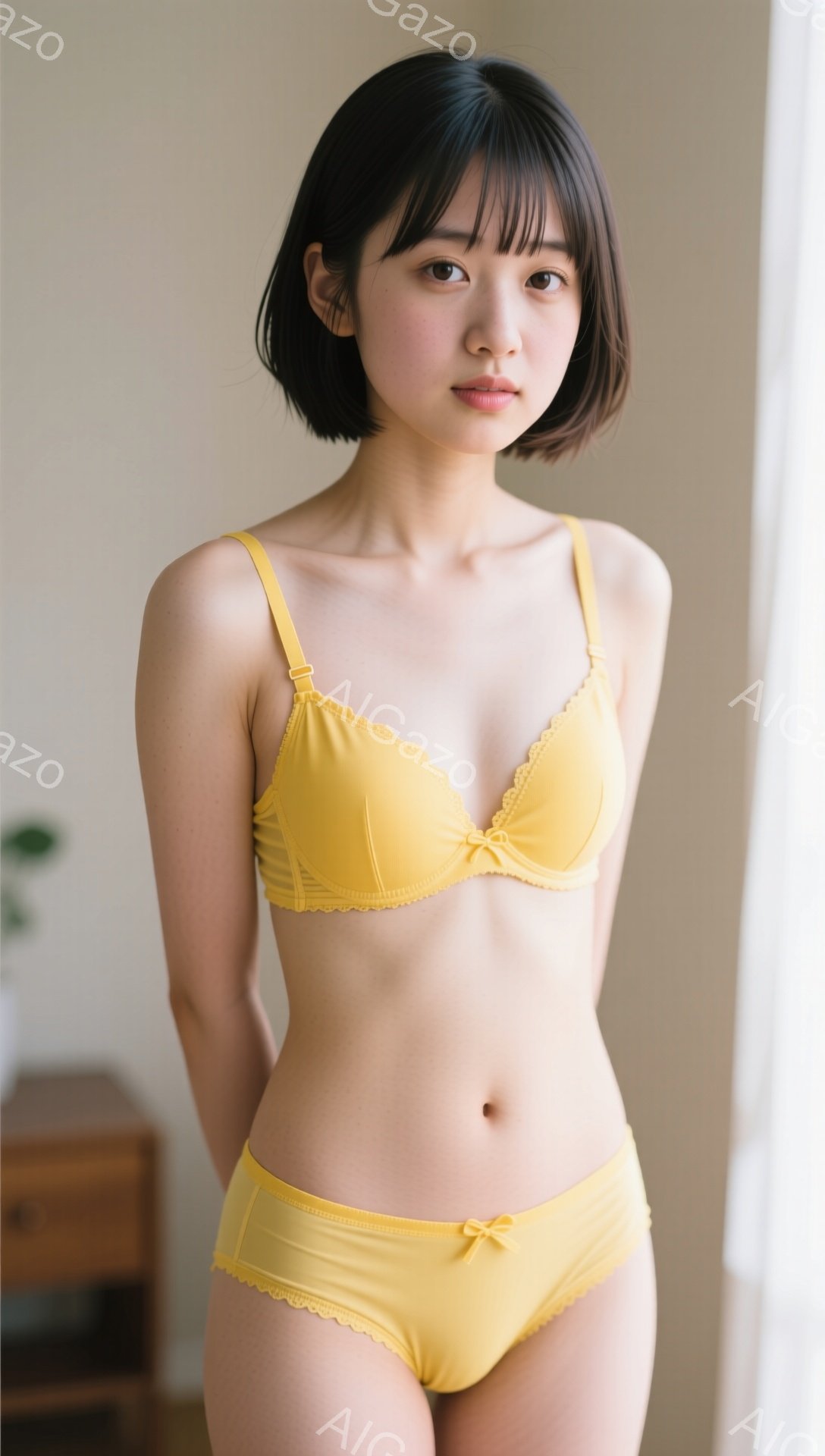 若い女性が黄色い下着姿で立っている。彼女は黒髪のボブヘアで、少し微笑んでいる。背景は薄暗い部屋で、家具がわずかに見える。