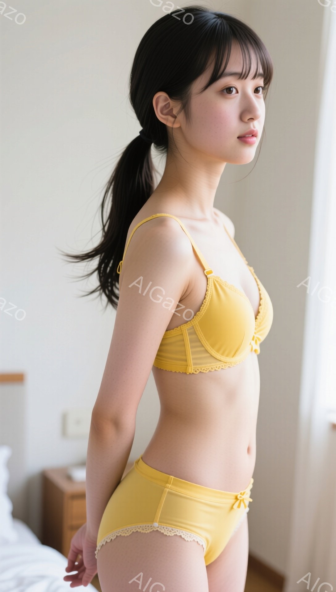 若い女性が黄色い下着姿で横を向いています。髪はポニーテールにされ、表情は穏やかで少し微笑んでいます。背景にはベッドと木製のキャビネットが見え、室内は明るく清潔な雰囲気です。