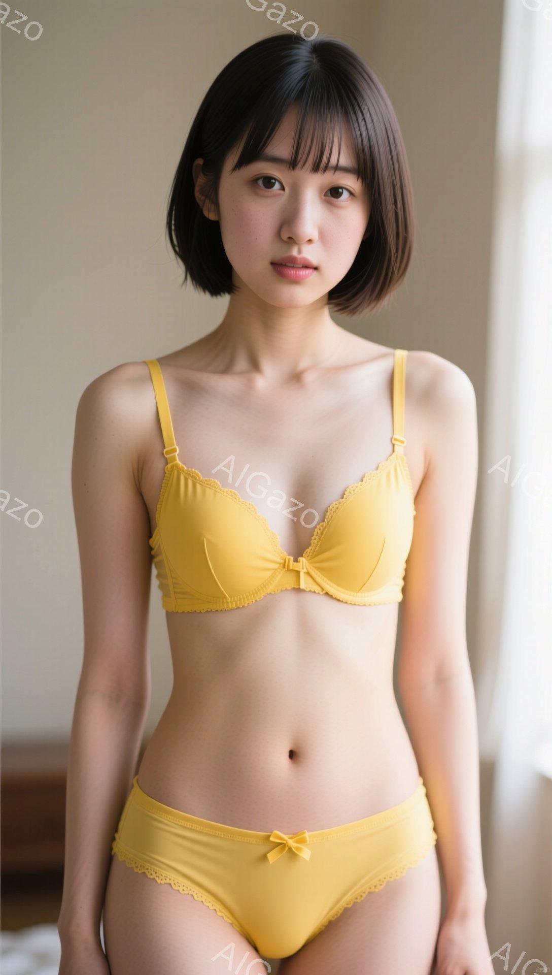 ショートヘアの女性が、黄色のランジェリーセット（ブラとショーツ）を着用して立っています。彼女は少し微笑んでいて、前髪が目にかかる自然なヘアスタイルです。背景は明るい色の壁で、全体的に柔らかく穏やかな雰 - AI生成フリー素材