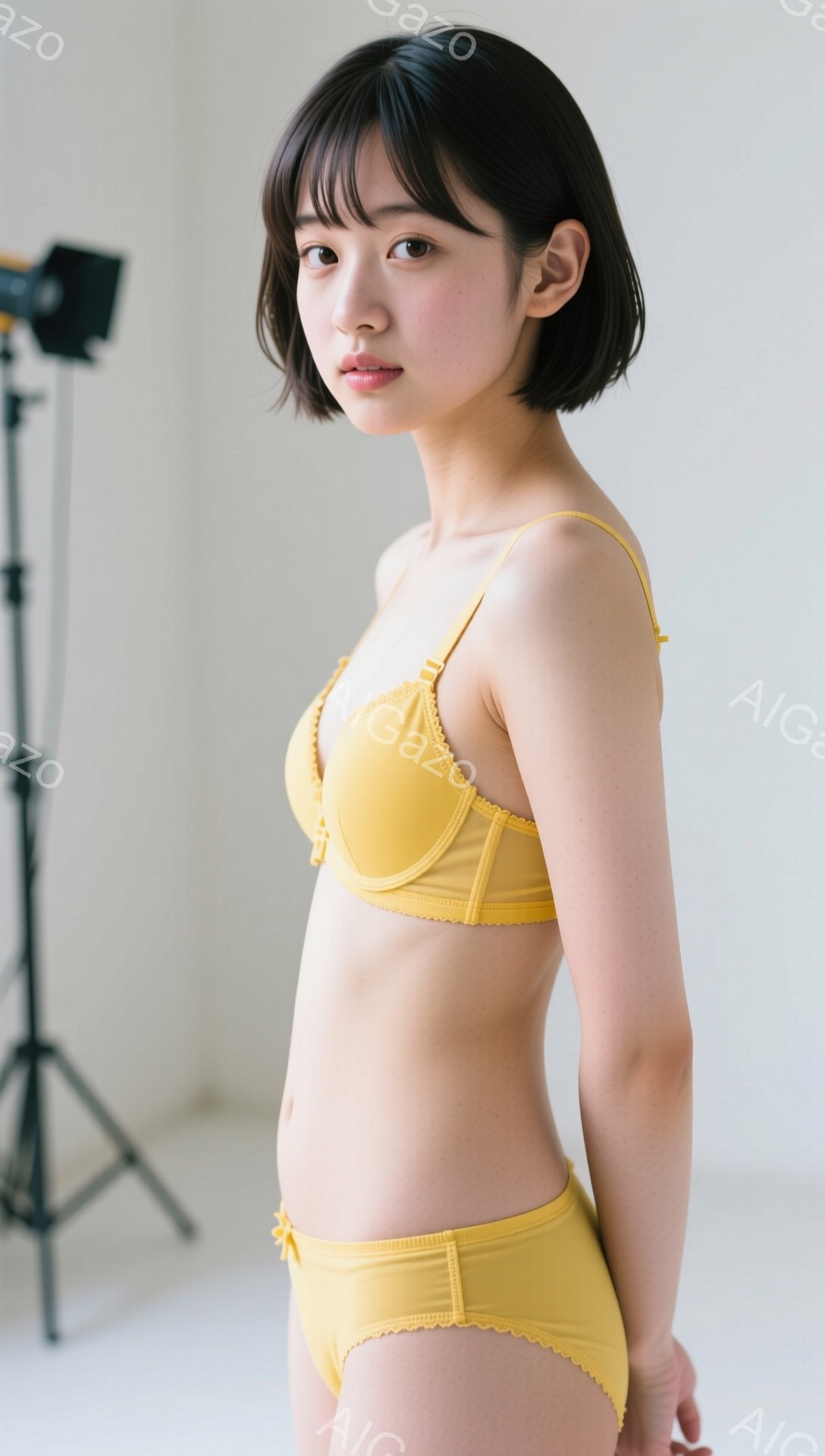 明るい黄色のランジェリーセットを身につけた若い女性が、少し横を向いて立っている。彼女は短い黒髪で、前髪が眉毛にかかるようにカットされている。背景は白く、スタジオの三脚がわずかに見え、全体的にクリーンでミニマルな雰囲気が漂う。