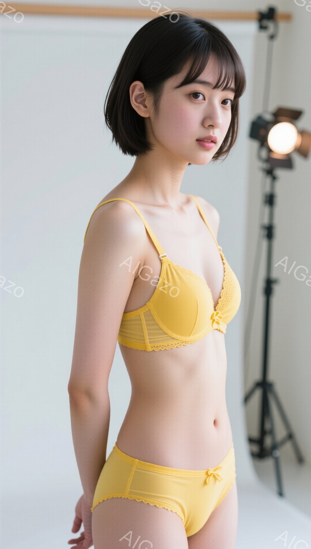 若い女性が、明るい黄色のランジェリーセット（ブラジャーとショーツ）を身に着けて、カメラの前に立っています。彼女は肩までの長さのダークブラウンの髪を持ち、表情は穏やかでやや微笑んでいます。背景は白く、スタジオの照明機材がわずかに見え、全体的に清潔でミニマルな雰囲気が漂っています。