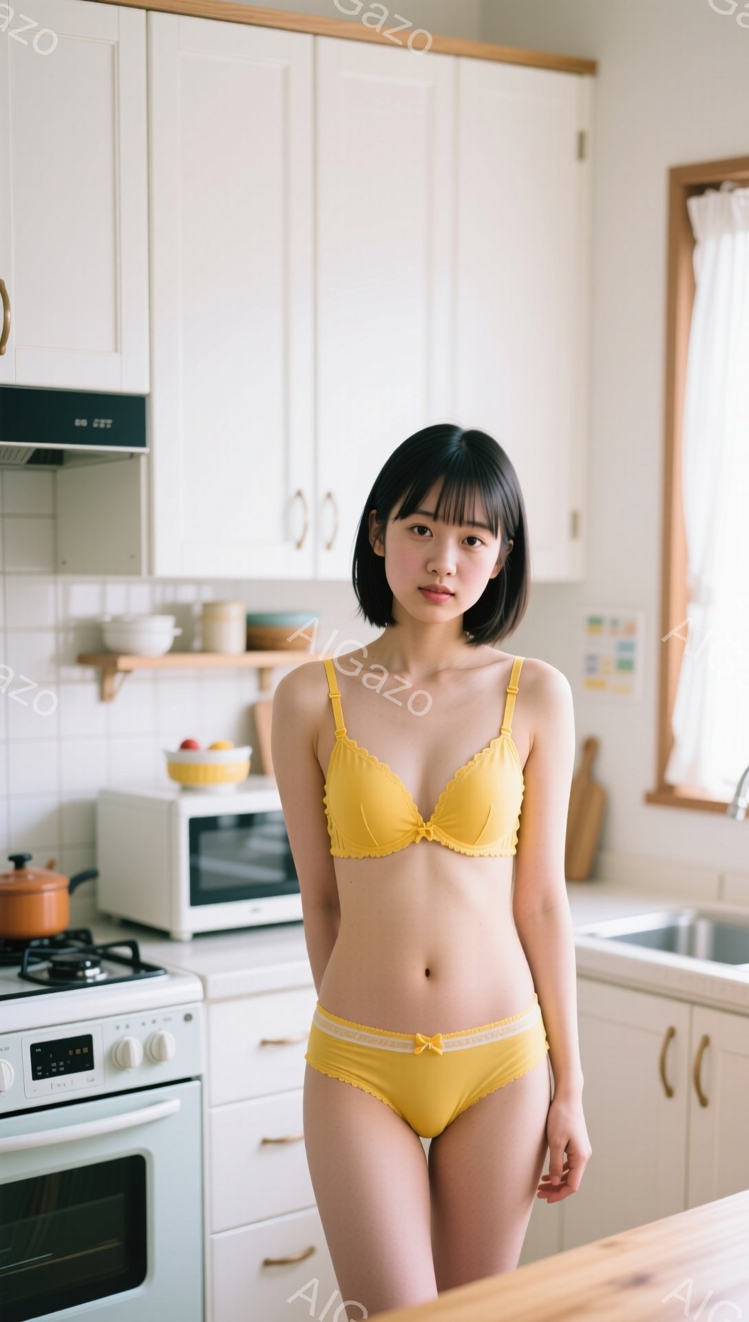 明るいキッチンを背景に、黄色のブラとショーツを身につけた若い女性が立っている。彼女は黒いボブヘアで、やや控えめな表情をしており、リラックスした姿勢で正面を向いている。キッチンには白を基調としたキャビネ - AI生成フリー素材