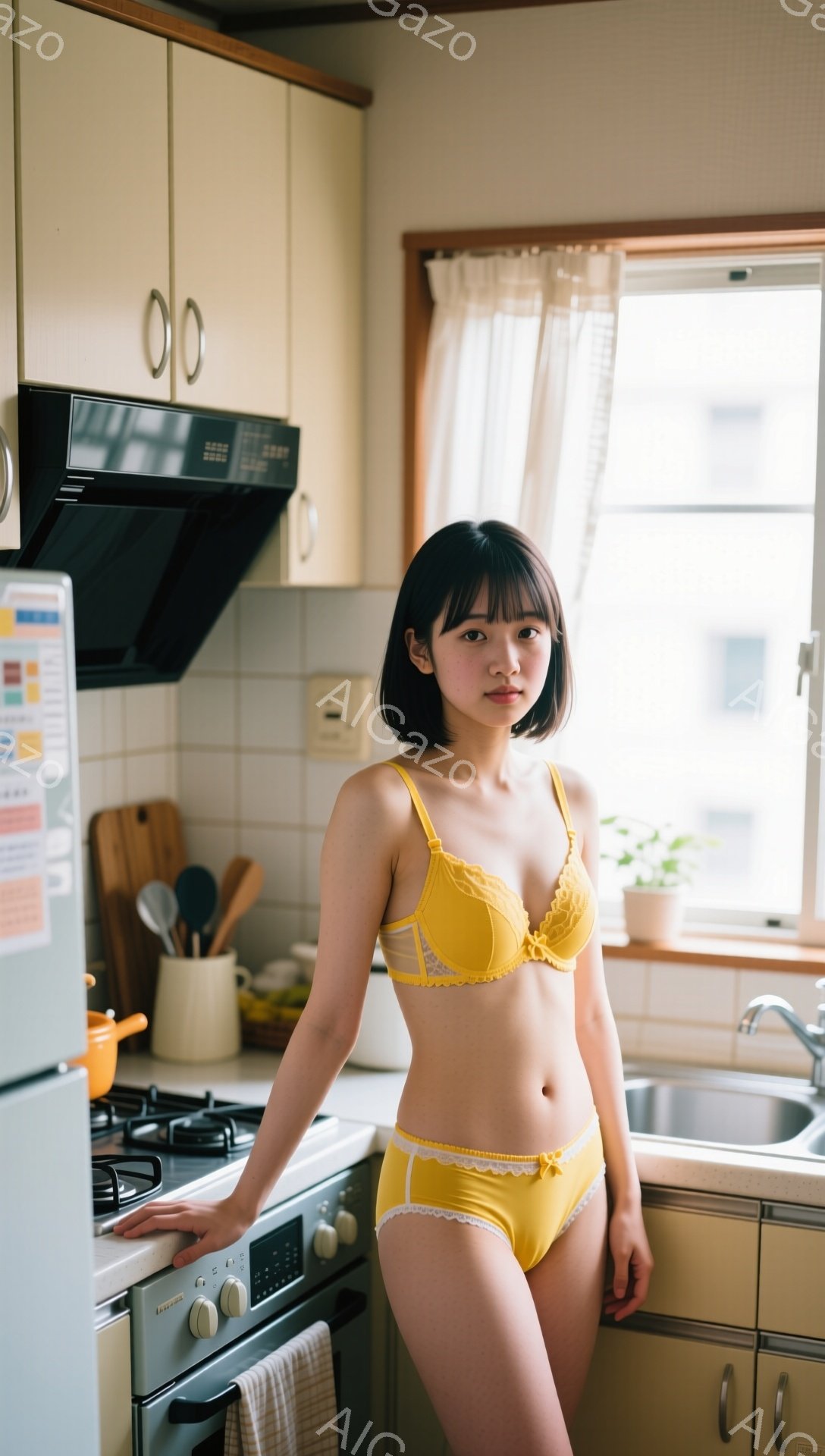 明るいキッチンを背景に、若い女性が黄色いランジェリー姿で立っています。彼女は黒髪のボブヘアで、少し微笑んだ表情を浮かべています。キッチンの棚には調理器具や植物が置かれ、窓からは自然光が差し込んでいます - AI生成フリー素材