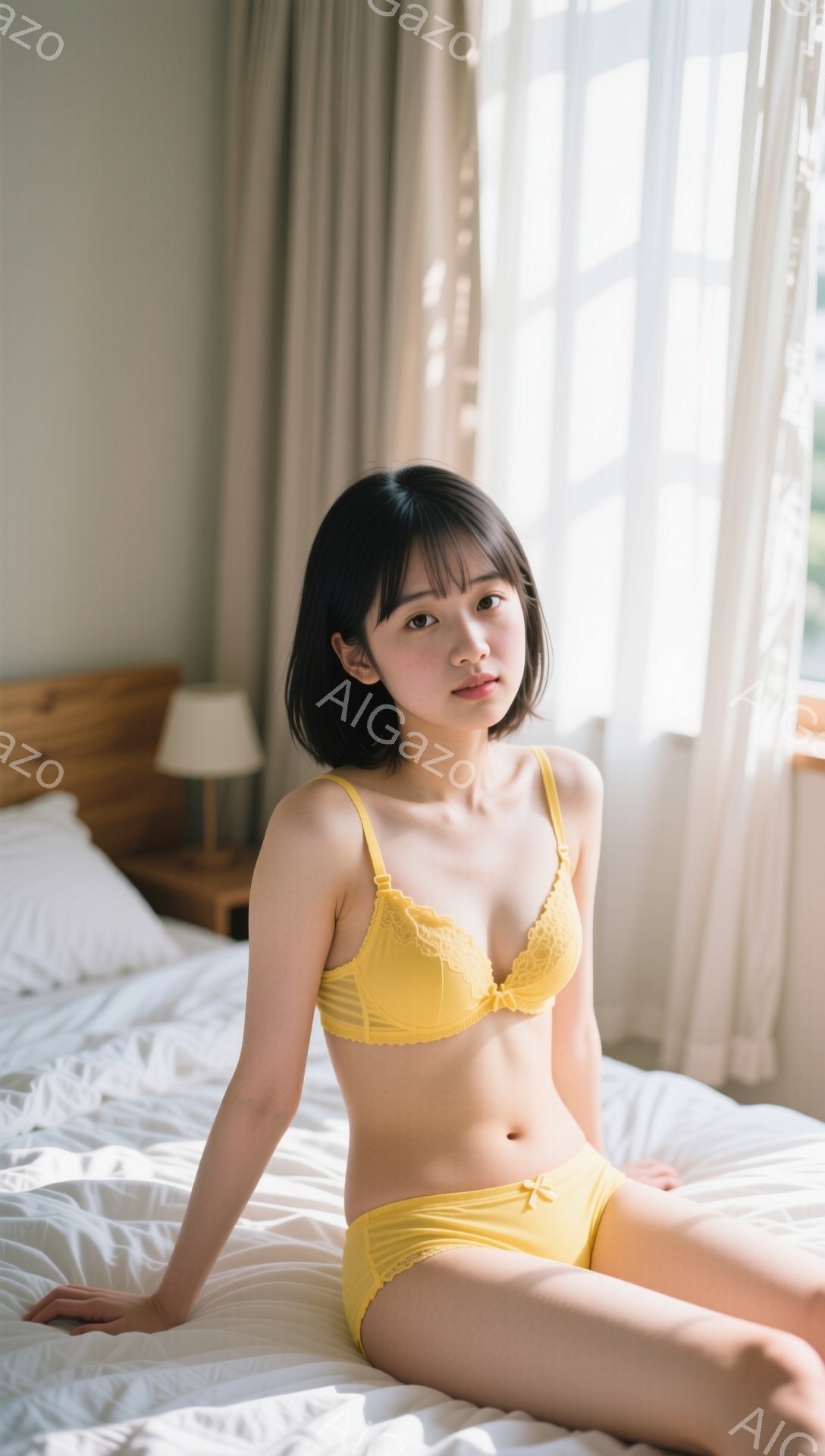 明るい色のベッドの上で、若い女性がイエローのランジェリーセットを着用して座っています。彼女は黒髪で、前髪が目にかかっており、少し微笑んでいます。背景には、窓から差し込む光と、シンプルな家具が見えます。 - AI生成フリー素材