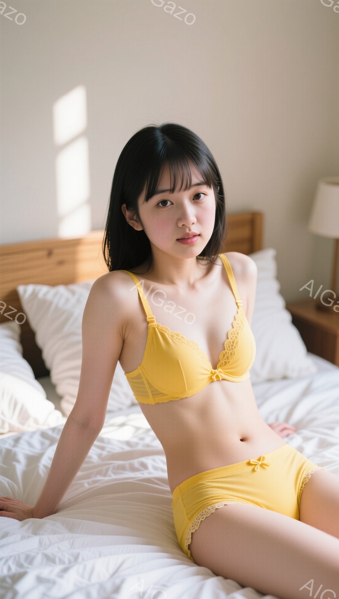 明るい黄色のランジェリーセットを身につけた若い女性がベッドに座っています。彼女は黒髪のストレートヘアで、少し微笑んだ表情をしています。背景は白いベッドと、木製のナイトスタンド、柔らかな光が差し込む窓が - AI生成フリー素材