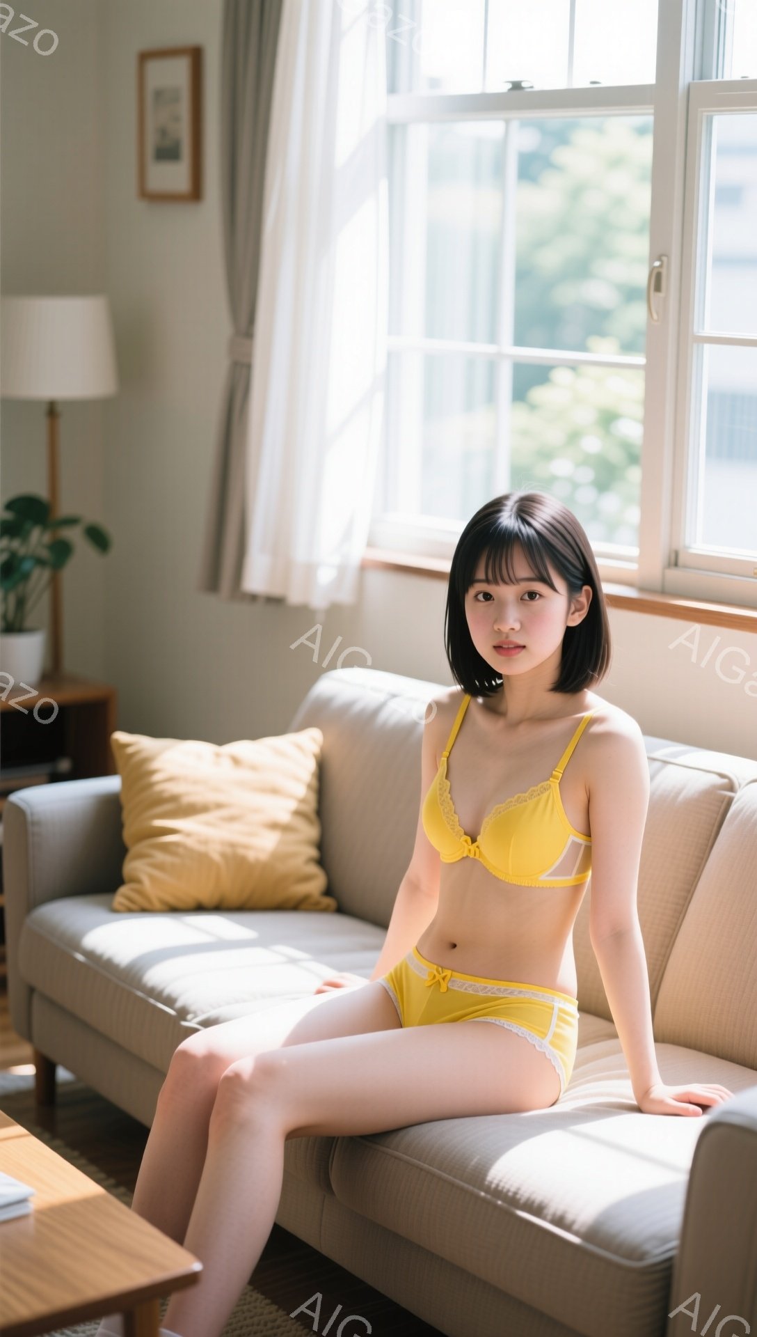 彼女は明るい黄色のブラとショーツのセットを身につけ、薄茶色のソファに座っています。短い黒髪に前髪を少し残し、穏やかな表情でカメラを見ています。背景には窓から差し込む光、クッション、そして家具が見え、全体的に暖かく柔らかな雰囲気です。
