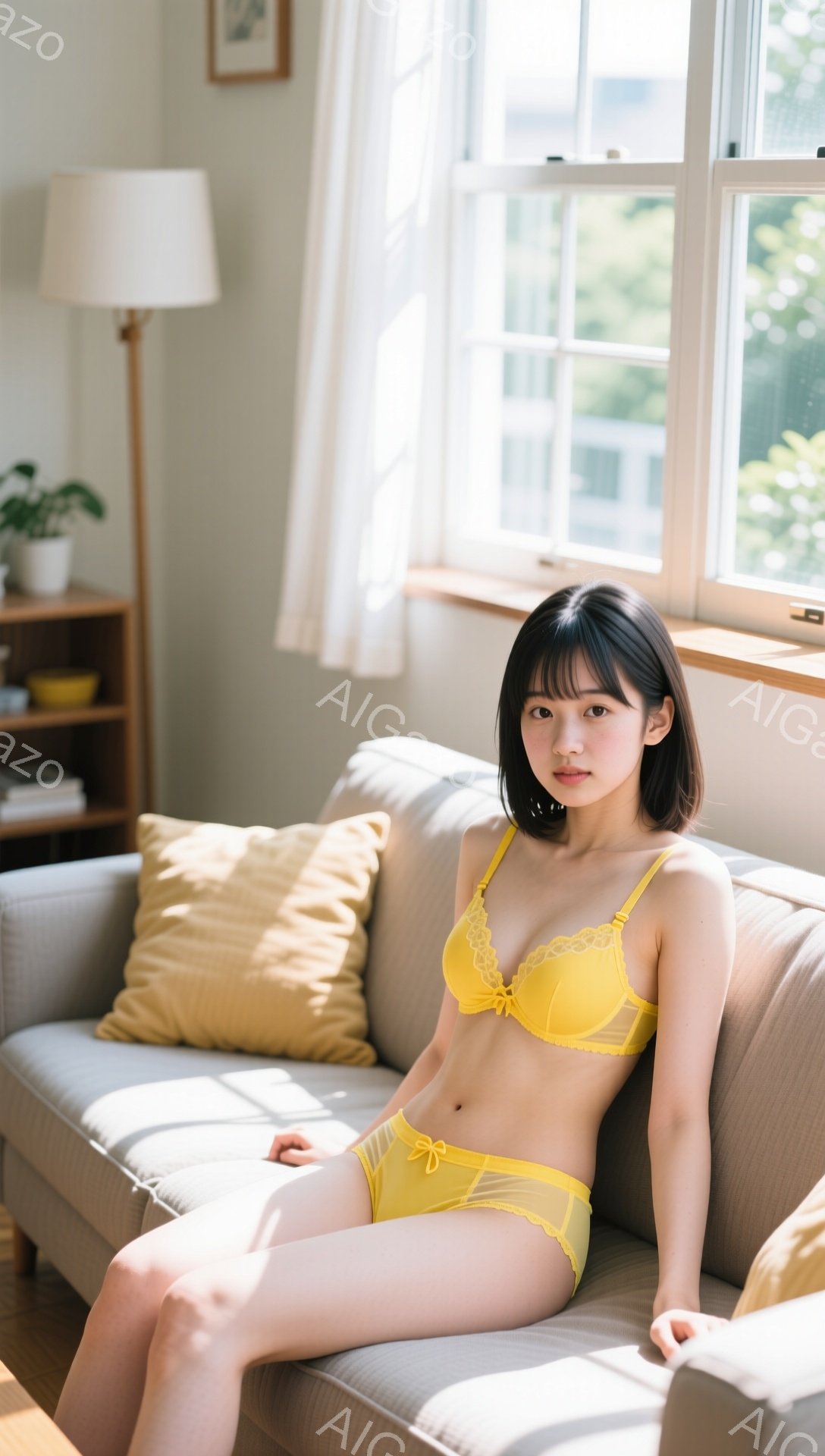 明るいリビングルームで、黄色いブラとショーツを身につけた若い女性がソファに座っています。彼女は黒髪のショートボブで、少し微笑みながらカメラを見つめています。背景には窓から差し込む光、クッション、植物、 - AI生成フリー素材