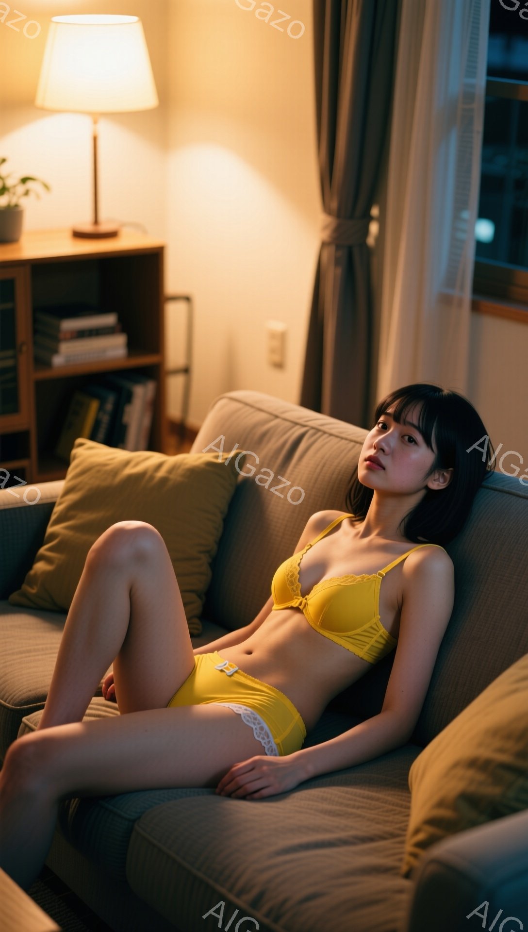 明るい黄色のランジェリーを着た女性が、グレーのソファに横たわっている。彼女は黒髪で、前髪が目にかかり、少し微笑んでいる。背景には木製の棚と柔らかな光を放つランプがあり、リラックスした家庭的な雰囲気を醸し出している。