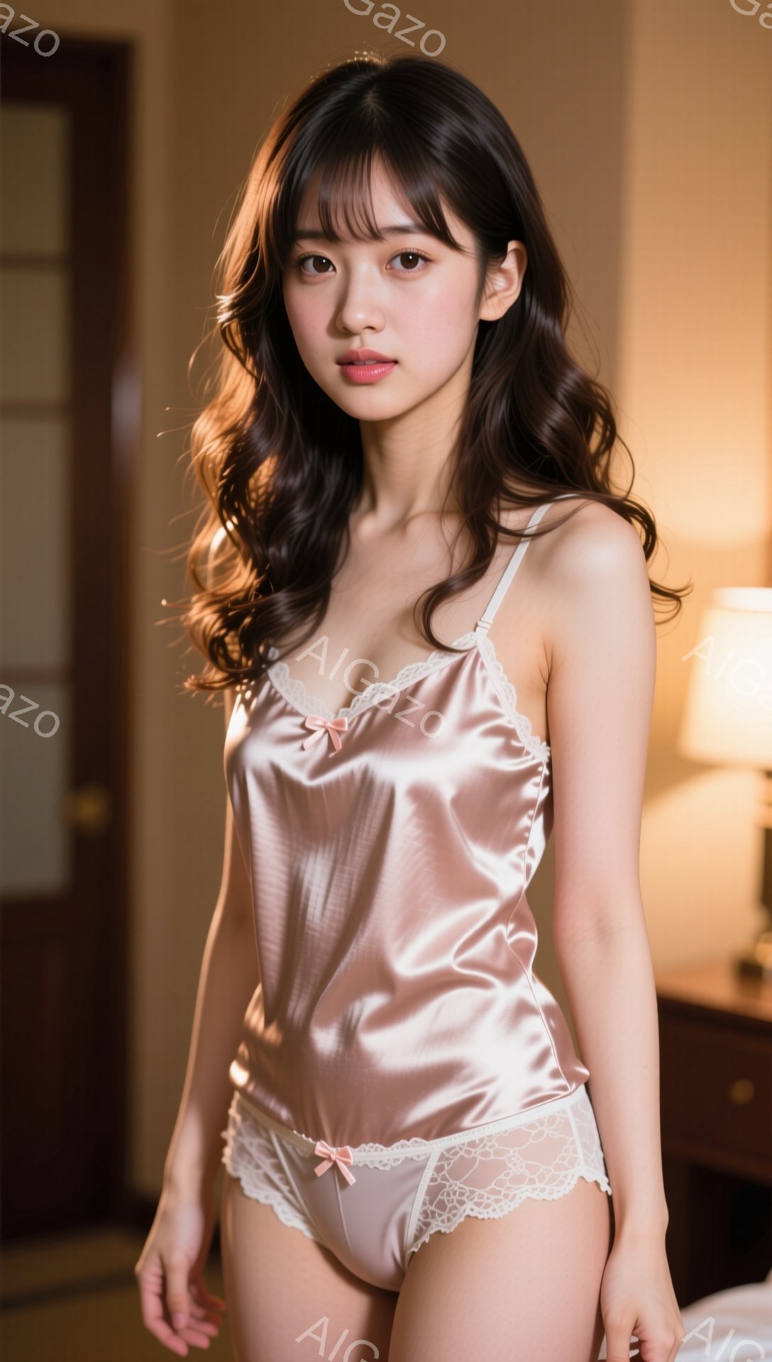 長いダークブラウンの髪を肩から下でルーズに巻いた若い女性が写っています。彼女はピンク色のサテンのキャミソールとショーツを身に着け、少し微笑んでいます。背景には木製の家具と柔らかな光があり、落ち着いた家庭的な雰囲気を醸し出しています。