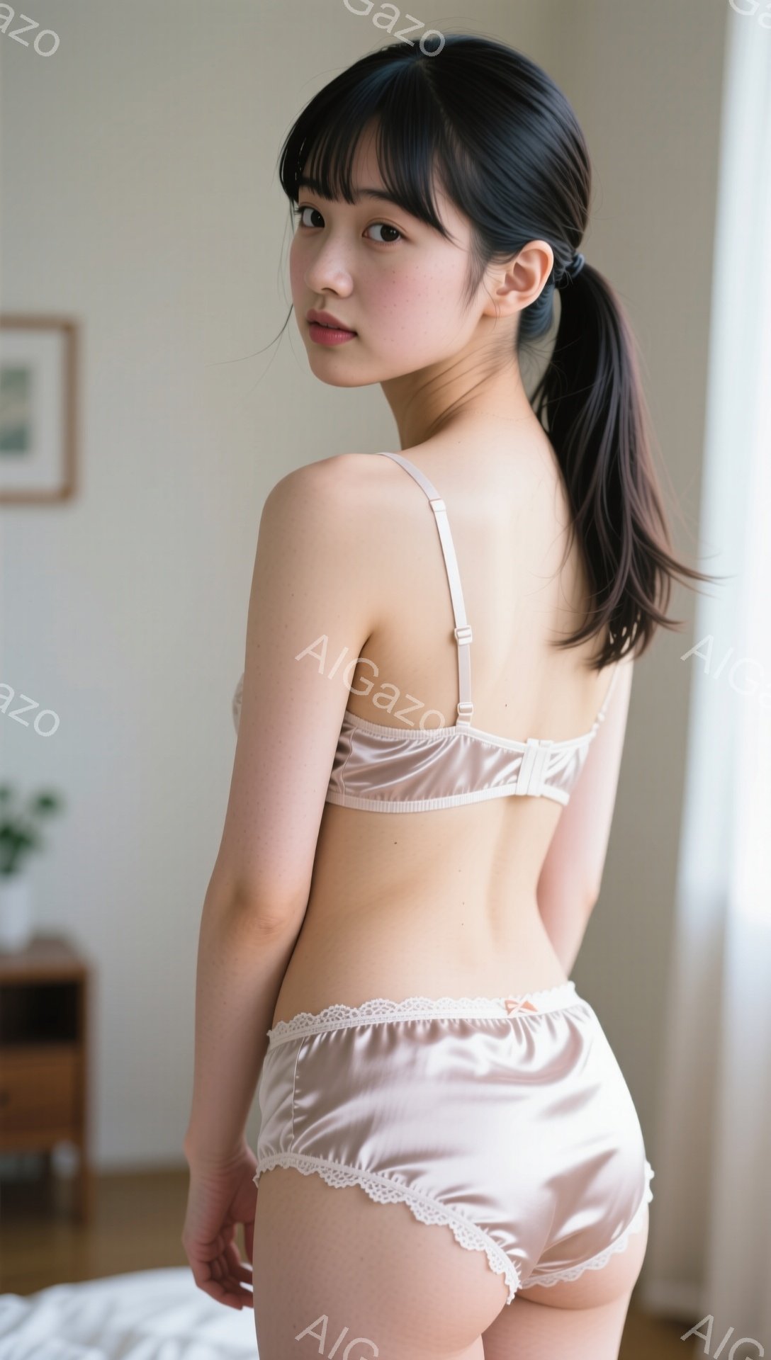 長い黒髪をポニーテールにし、薄いピンク色のサテンのキャミソールとショートパンツを身に着けた女性が写っている。彼女はわずかに振り返り、柔らかい表情でカメラを見つめている。背景には、ベッドと家具が見え、暖かく落ち着いた雰囲気の室内である。