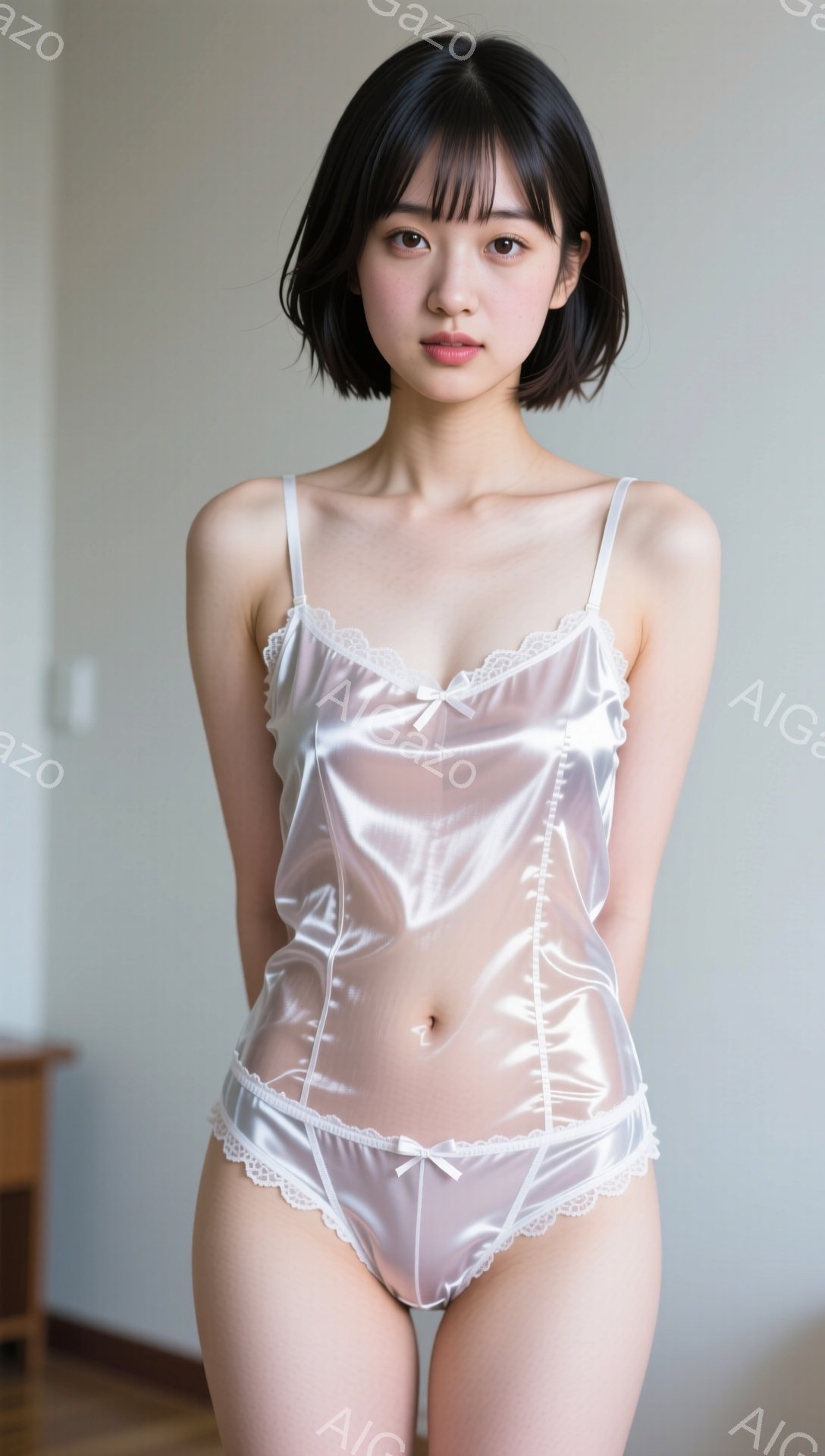 長い前髪と肩までの長さのダークブラウンのヘアスタイルをした若い女性が、薄いピンク色のレースのトリムが付いたキャミソールとショーツのセットを身に着けて立っています。彼女はわずかに微笑み、まっすぐな姿勢で - AI生成フリー素材