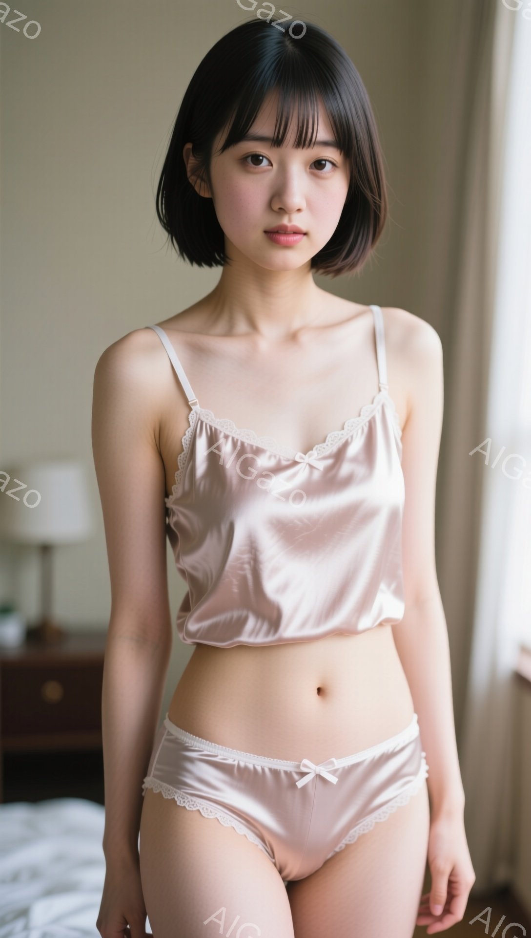 ショートヘアの若い女性が、薄いピンク色のサテンのキャミソールとショーツ姿で立っている。彼女は控えめな表情で、正面をまっすぐ見つめている。背景には、ぼやけた木製の家具と窓から差し込む自然光が見え、柔らかく穏やかな雰囲気を醸し出している。