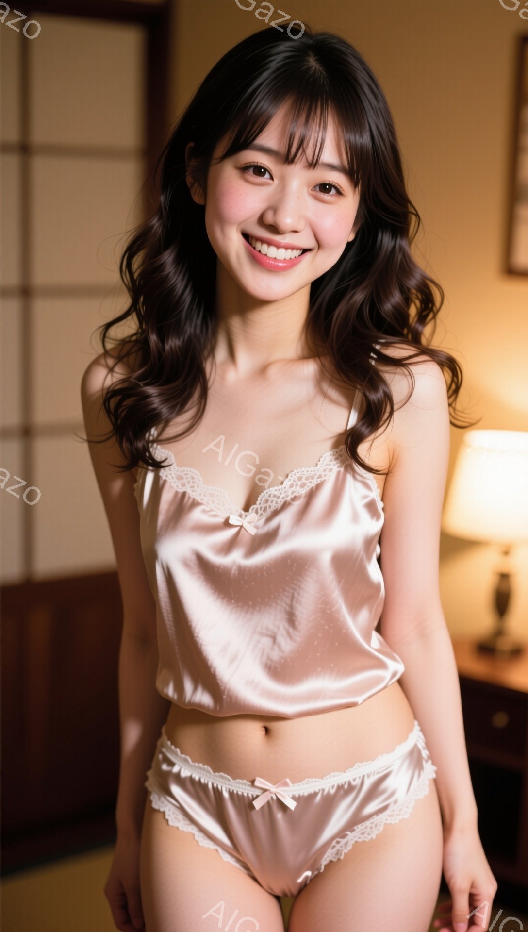 長い黒髪を肩にかかるように揺らし、薄いピンク色のサテンのキャミソールとショーツ姿の若い女性が写っている。彼女は微笑んでおり、リラックスした雰囲気でカメラを見つめている。背景には木製の家具と柔らかな光が灯った室内が見え、温かく穏やかな雰囲気を醸し出している。