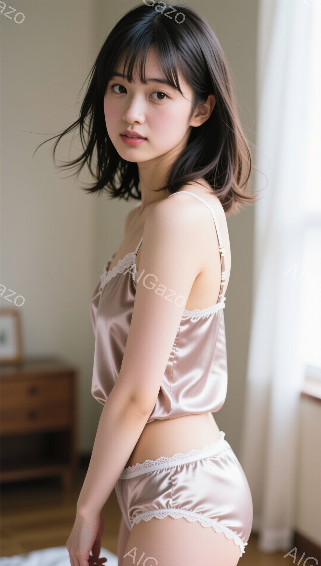 浅いピンク色のサテン生地のキャミソールとショーツ姿の若い女性が写っています。彼女は肩までの長さの黒髪で、前髪が少し目にかかるようにカットされています。リラックスした表情で、軽く体を傾けており、背景には - AI生成フリー素材