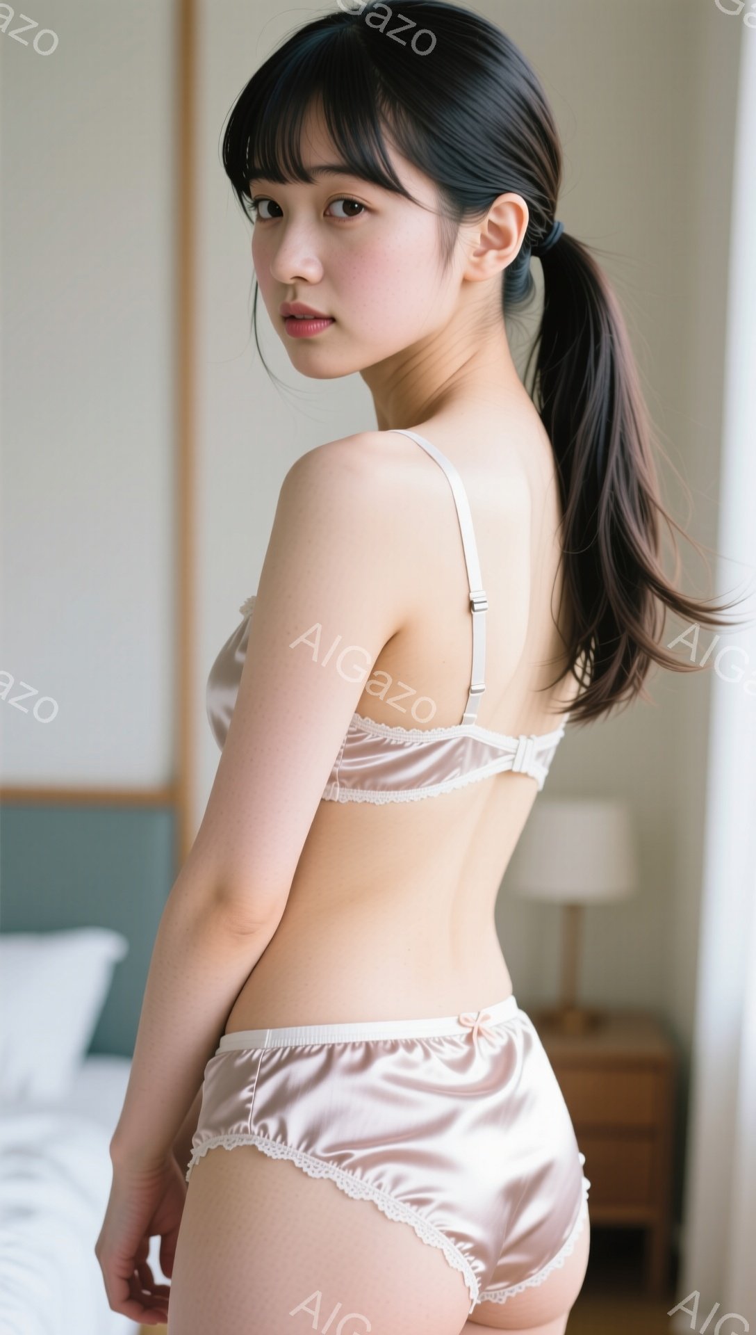 長い黒髪をポニーテールにした若い女性が、光沢のあるピンク色のサテンのランジェリーセットを身につけて立っています。彼女はわずかに振り返っており、微笑みを浮かべています。背景には白いベッドとナイトスタンド - AI生成フリー素材