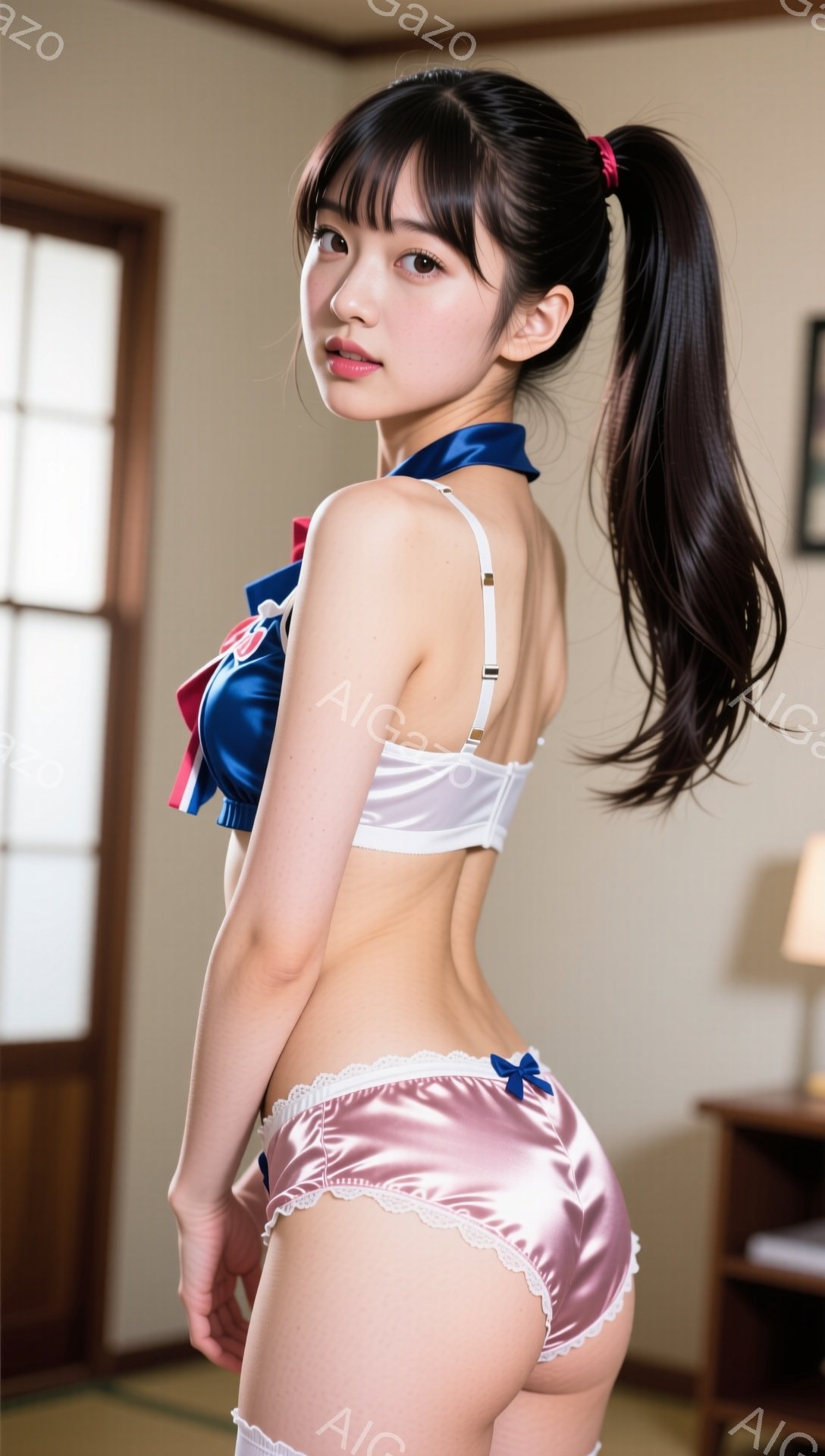 長い黒髪をポニーテールにし、白いブラとピンクのサテンのショートパンツを着用した若い女性が写っている。彼女は少し振り返り、微笑んでおり、全体的に明るく可愛らしい雰囲気である。背景には、畳の床と木製のドア - AI生成フリー素材