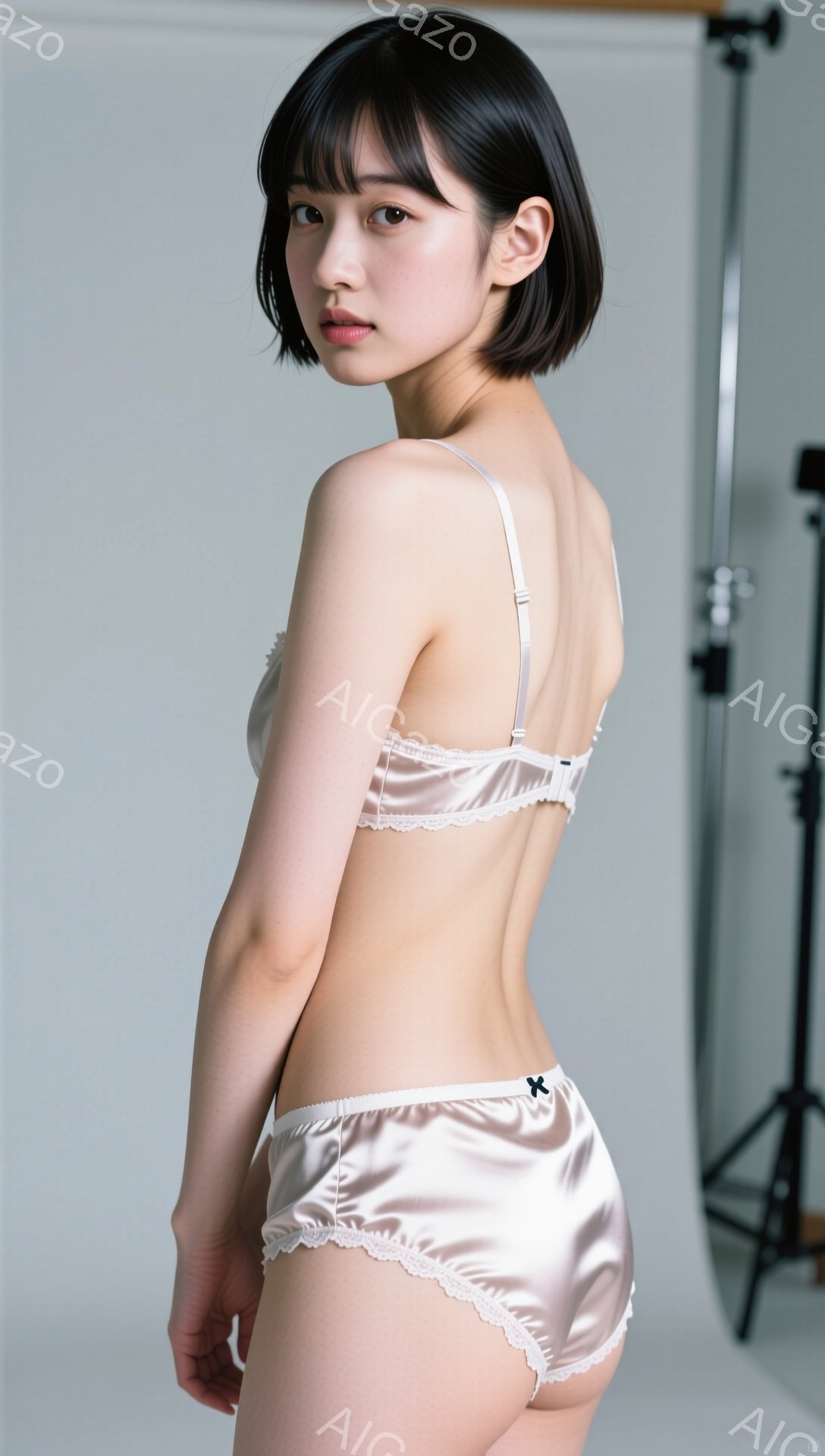 光沢のあるピンク色のランジェリーセットを身につけた女性が、カメラに向かって後ろ姿を見せています。彼女は黒髪のショートボブスタイルで、少し微笑んだ表情を浮かべています。背景には、撮影用のスタンドや機材が - AI生成フリー素材