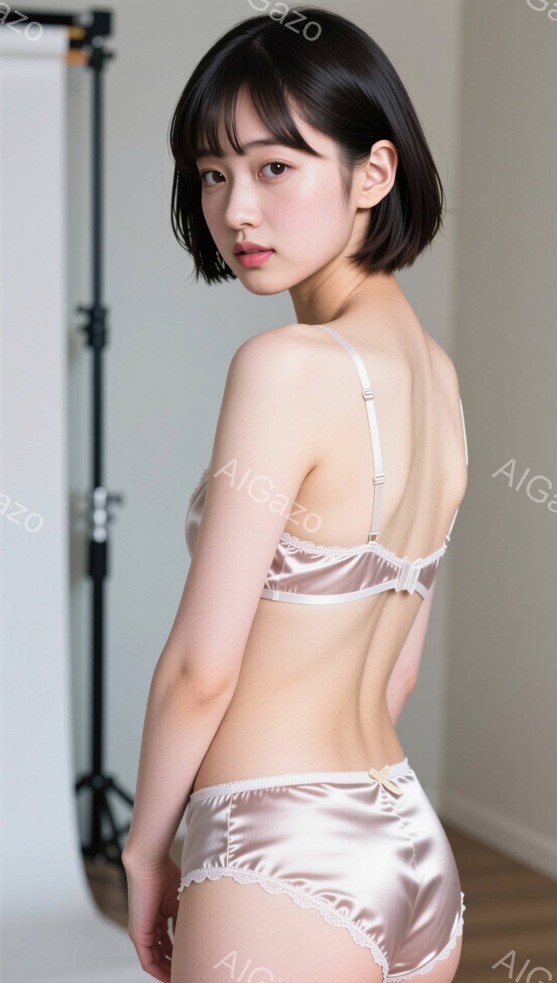 薄いピンク色のサテンのブラとショーツを着用した若い女性が、後ろ姿を捉えられています。彼女はダークブラウンのショートヘアで、口元は少し微笑んでいるように見えます。背景は白く、スタジオのような空間で、照明機材がわずかに見えます。