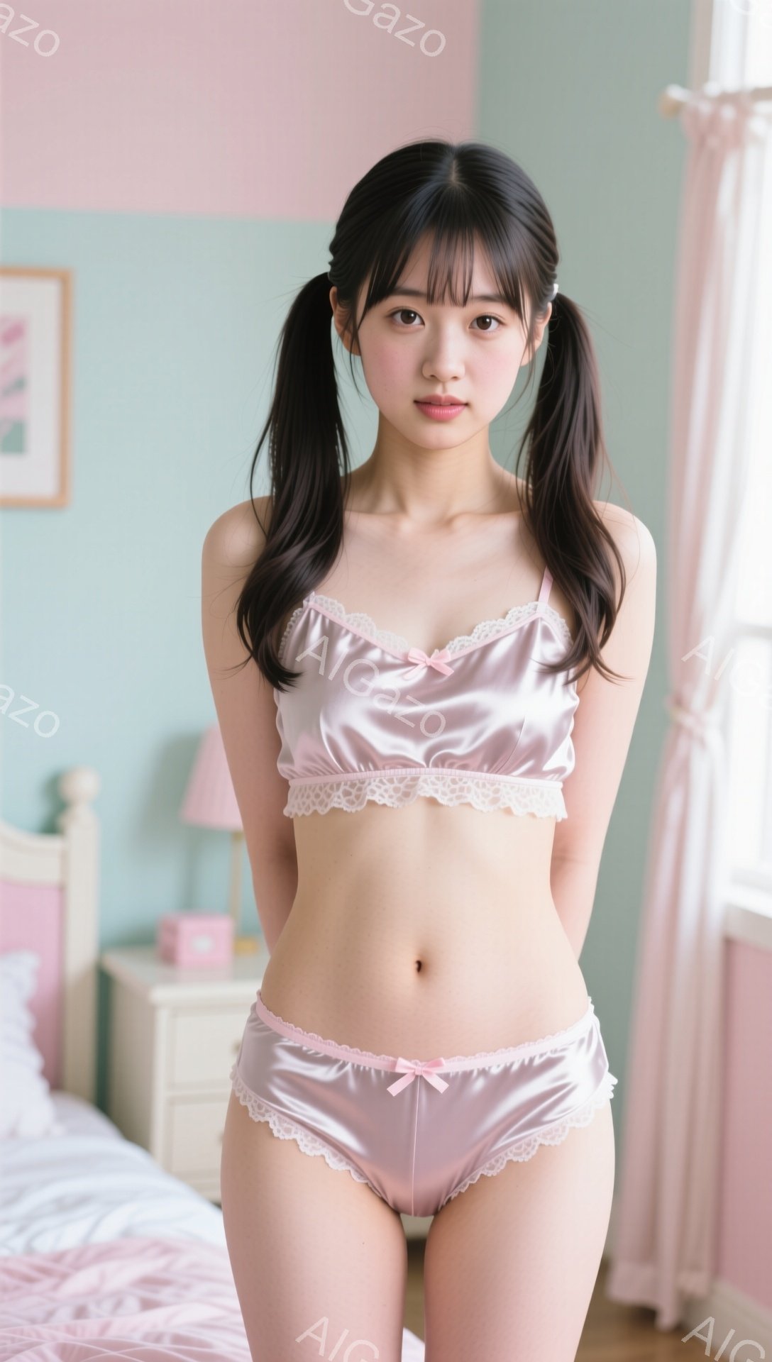 長い黒髪をツインテールにした女性が、薄いピンクのサテンのランジェリーセットを身につけて立っています。彼女は少し微笑んでおり、健康的で引き締まった体型をしています。背景には、木製のナイトスタンドとベッド、そして柔らかいピンク色の壁が見えます。