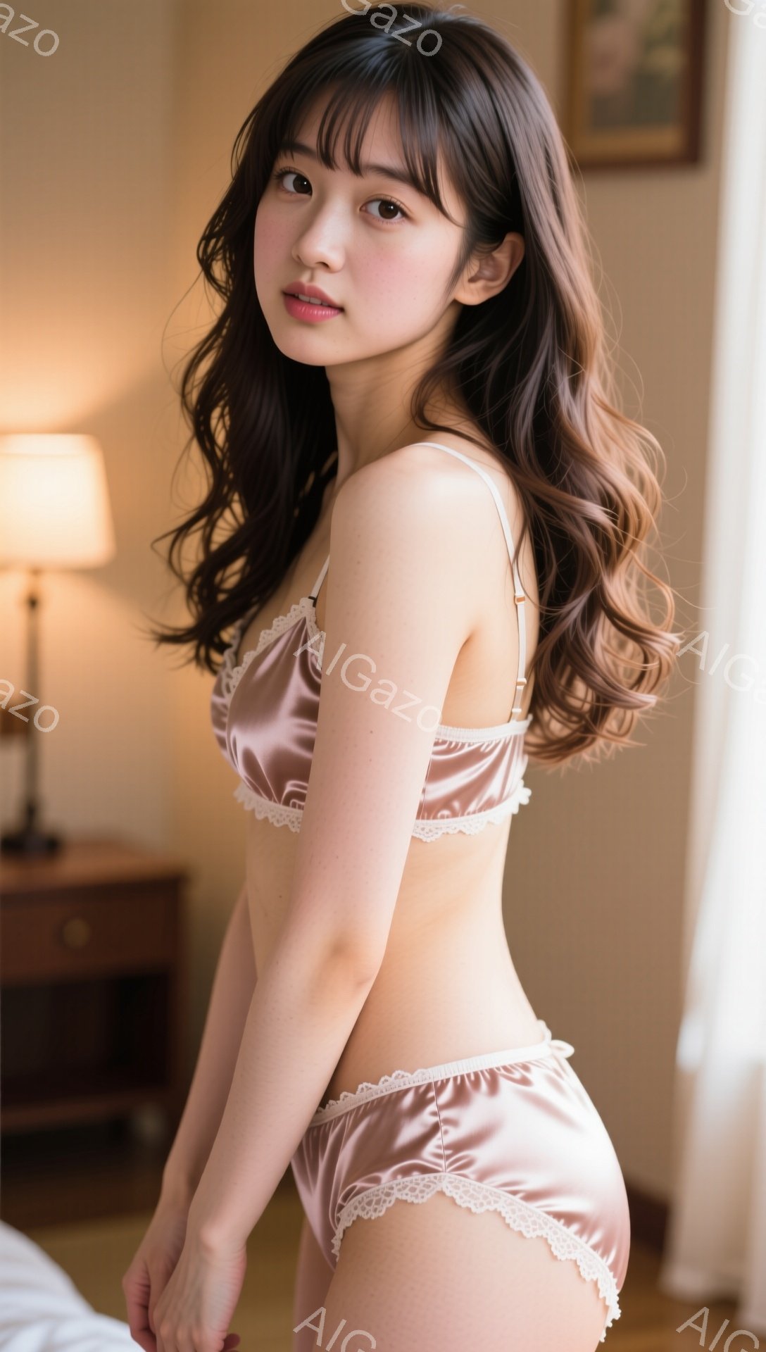 長い茶色の巻き毛が肩から背中にかけて流れ、明るい肌とわずかに微笑んだ表情の若い女性が写っている。彼女はオフホワイトのレーストリミングが施されたサテンのブラとショーツのセットを着ており、少し体をひねって - AI生成フリー素材