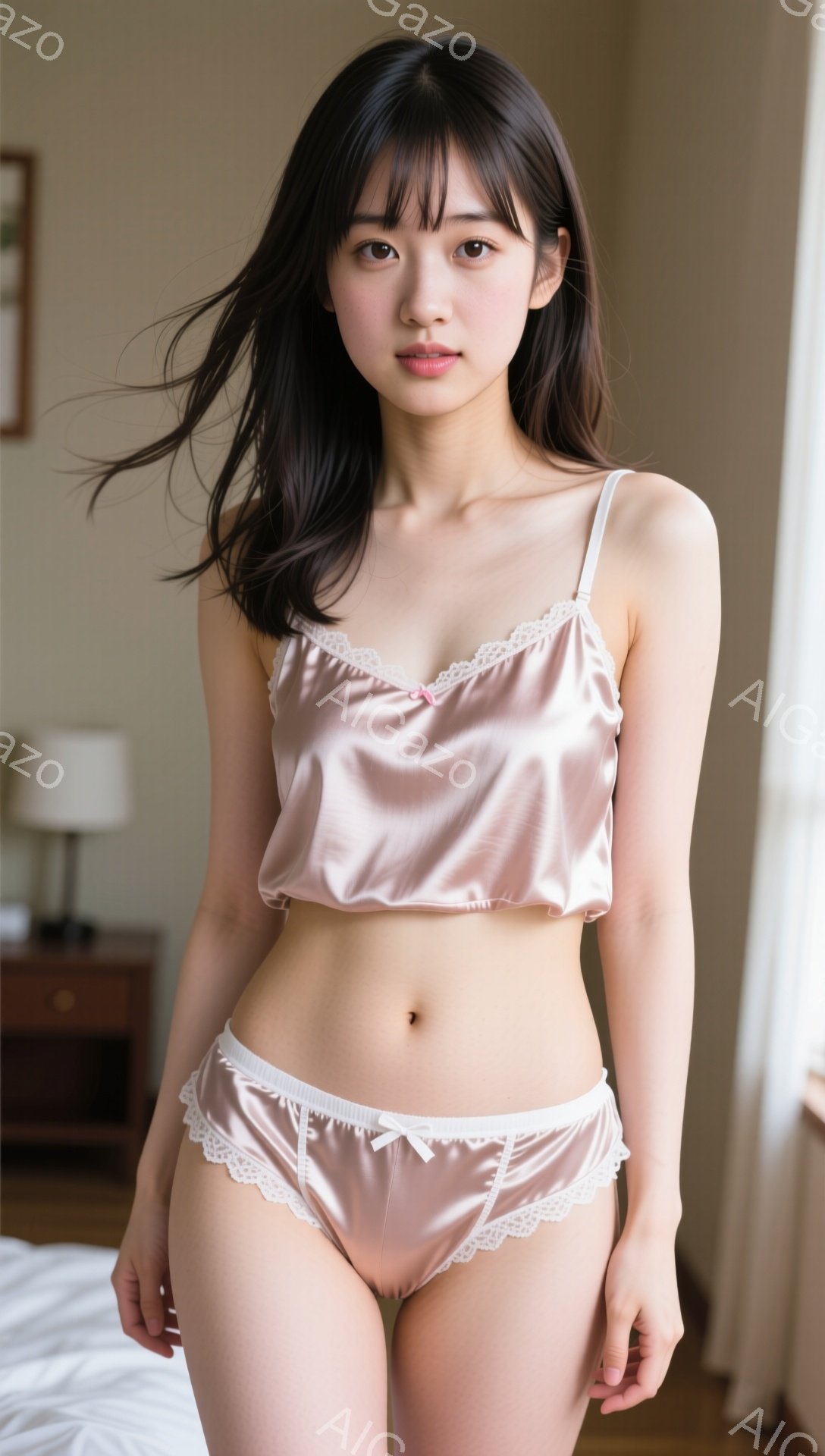 長い黒髪に前髪を少し流した若い女性が、淡いピンク色のサテンのキャミソールとショーツのセットを着用して立っています。彼女は少し微笑んでおり、健康的で引き締まった体型を見せています。背景には木製のナイトス - AI生成フリー素材