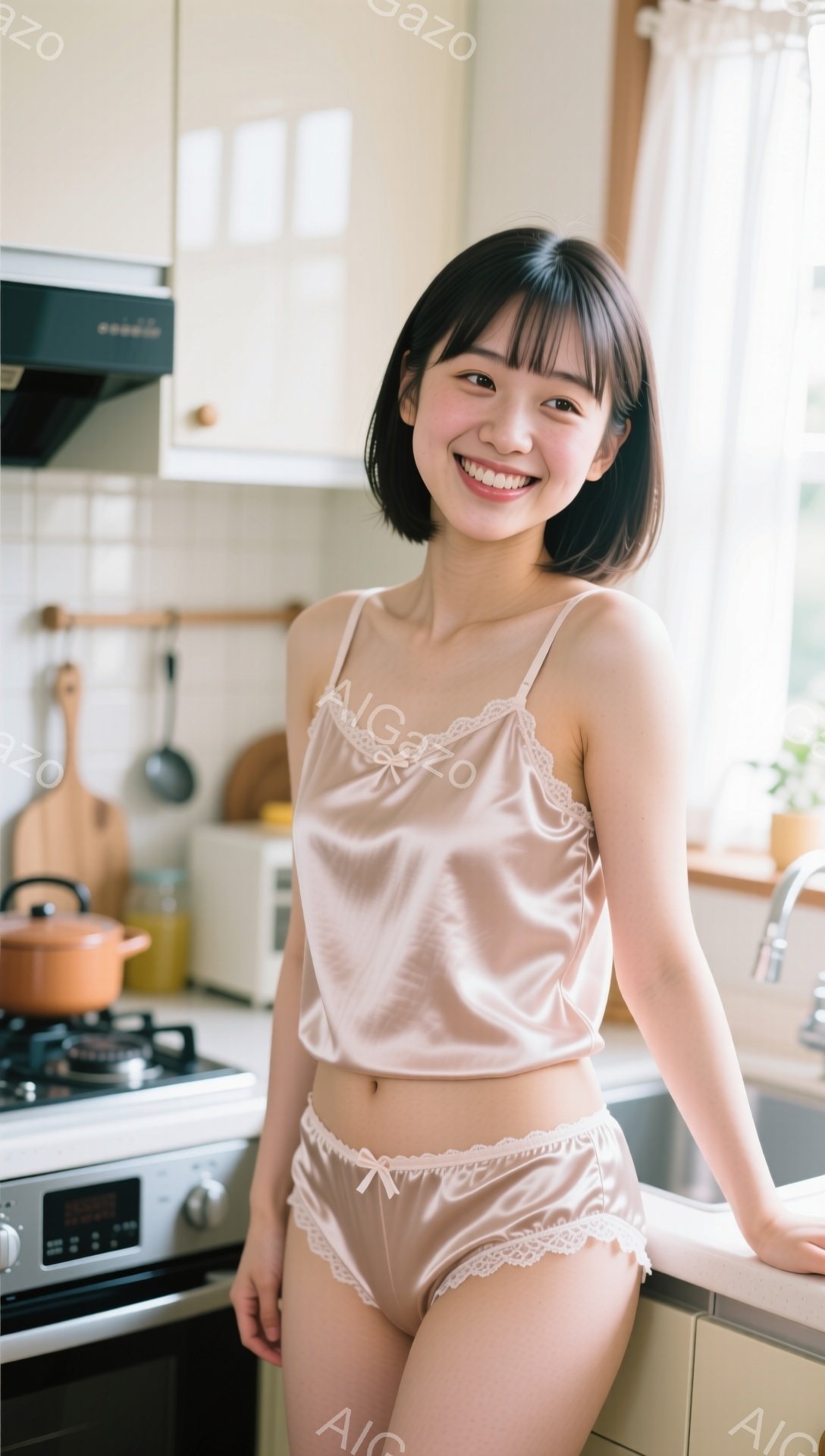 明るいキッチンで、ピンク色のサテンのキャミソールとショーツ姿の若い女性が微笑んでいます。彼女は肩まで届く茶髪で、前髪は眉毛にかかるようにカットされ、リラックスした姿勢でカウンターにもたれています。背景 - AI生成フリー素材