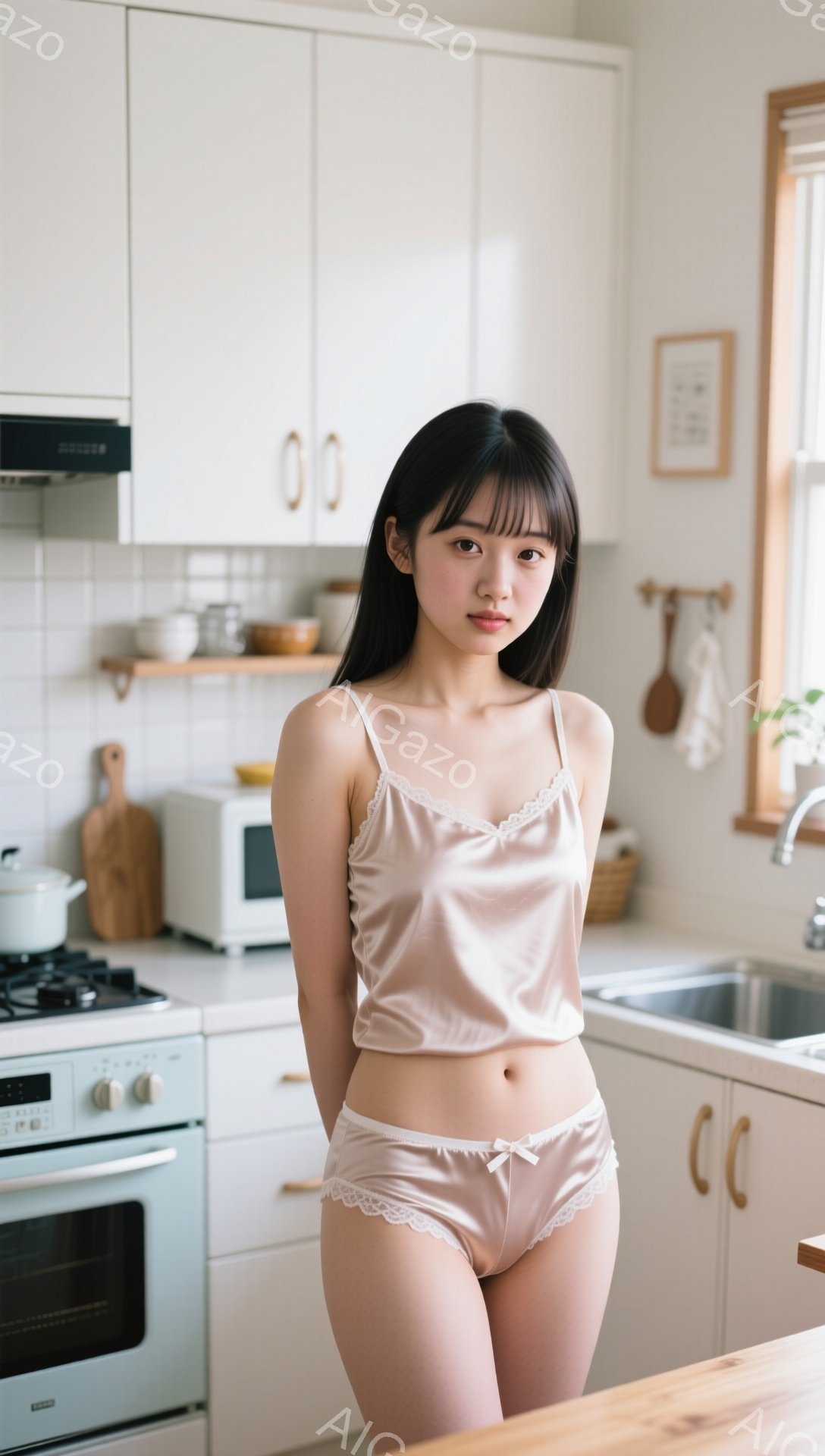 明るいキッチンを背景に、女性がキャミソールとショートパンツ姿で立っている。彼女は黒髪で前髪が目に少しかかり、穏やかな表情で正面を見ている。背景には白いキッチンキャビネット、調理器具、そして自然光が入る - AI生成フリー素材