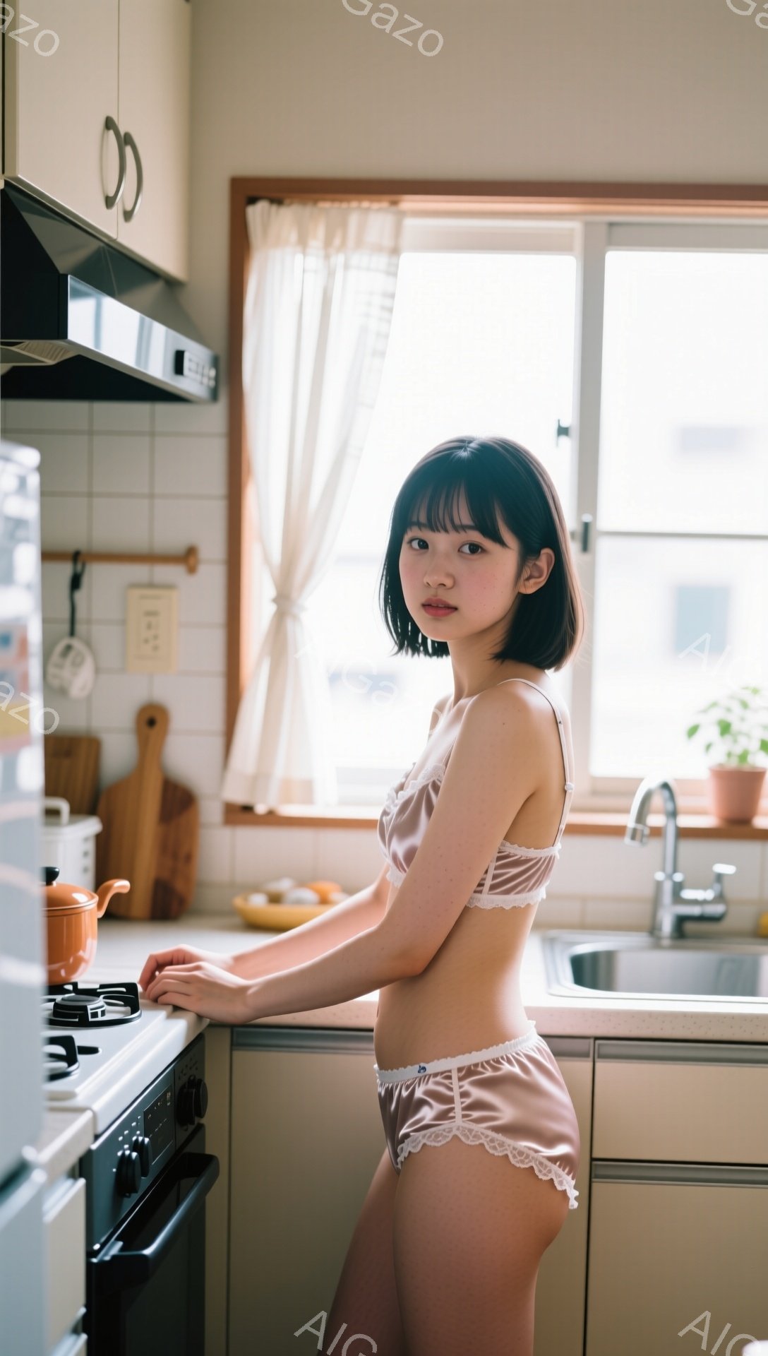 浅い茶色の短い髪で、前髪が目に少しかかる女性がキッチンに立っています。彼女は淡いピンク色のレースのランジェリーを着ており、少し微笑んでいます。窓からは自然光が差し込み、キッチンは明るく、フルーツが置かれたテーブルと調理器具が整えられた様子が伺えます。