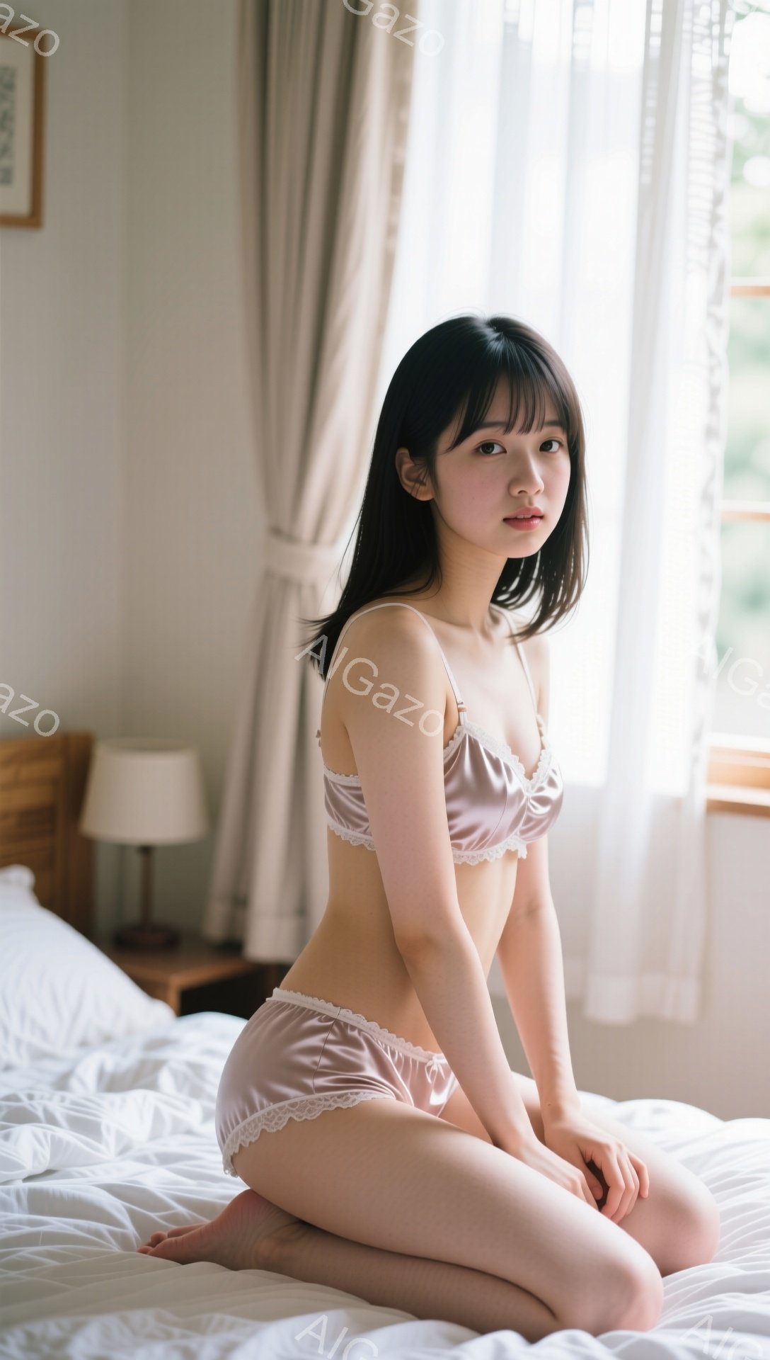 少女は、薄いピンクのサテンのキャミソールとショーツ姿で白いベッドの上に膝を曲げて座っています。黒髪のロングヘアは肩にかかり、顔は少し伏せて控えめな表情を浮かべています。背景には、窓から差し込む柔らかな - AI生成フリー素材