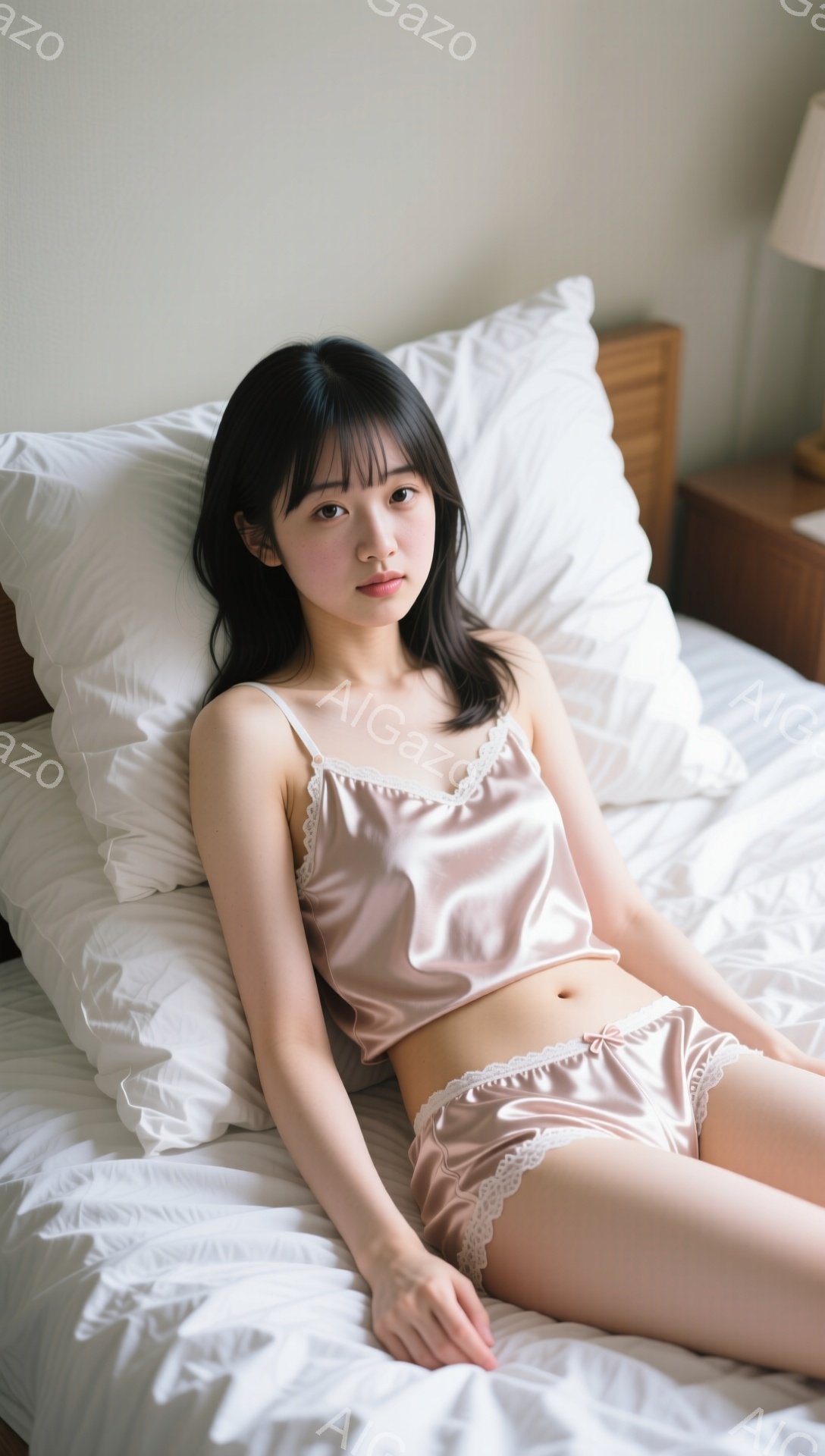 光沢のあるピンク色のパジャマセットを身に着けた若い女性がベッドに横たわっています。彼女は黒髪で前髪が目の上にかかり、リラックスした表情でカメラを見つめています。背景は白を基調とした寝室で、枕とナイトス - AI生成フリー素材