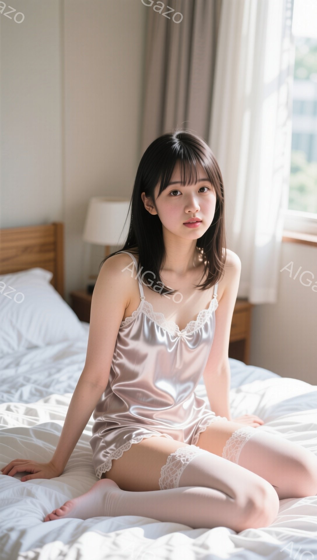 室内で、光沢のあるサテンのキャミソールとショートパンツを着用した若い女性がベッドに座っています。彼女は黒髪で、前髪が目の上まで伸びており、穏やかな表情をしています。背景には、窓から差し込む自然光と、シ - AI生成フリー素材