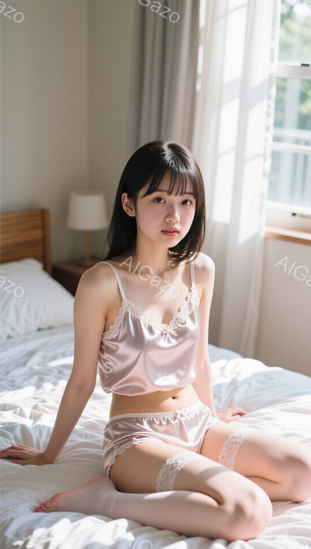 薄桃色のサテンのキャミソールとショートパンツを身につけた若い女性がベッドに座っています。彼女は黒髪のストレートヘアで、前髪が少し眉にかかっています。表情は穏やかで、少し微笑んでいるように見えます。 - AI生成フリー素材