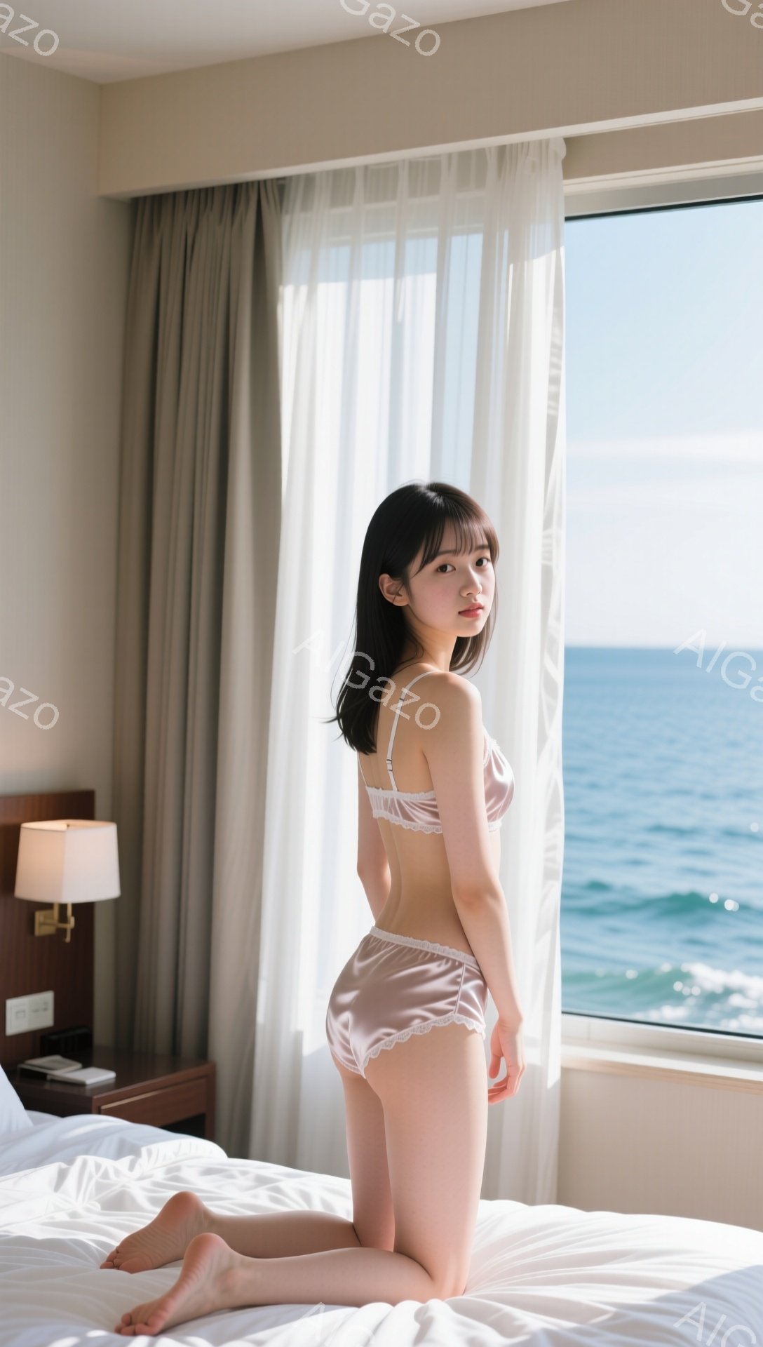 長い黒髪の女性が、ピンク色のサテンのランジェリー姿でベッドに膝をついて立っている。窓の外には青い海が広がり、明るい日差しが差し込んでいる。背景には間接照明とサイドテーブルがあり、リラックスしたホテルの - AI生成フリー素材