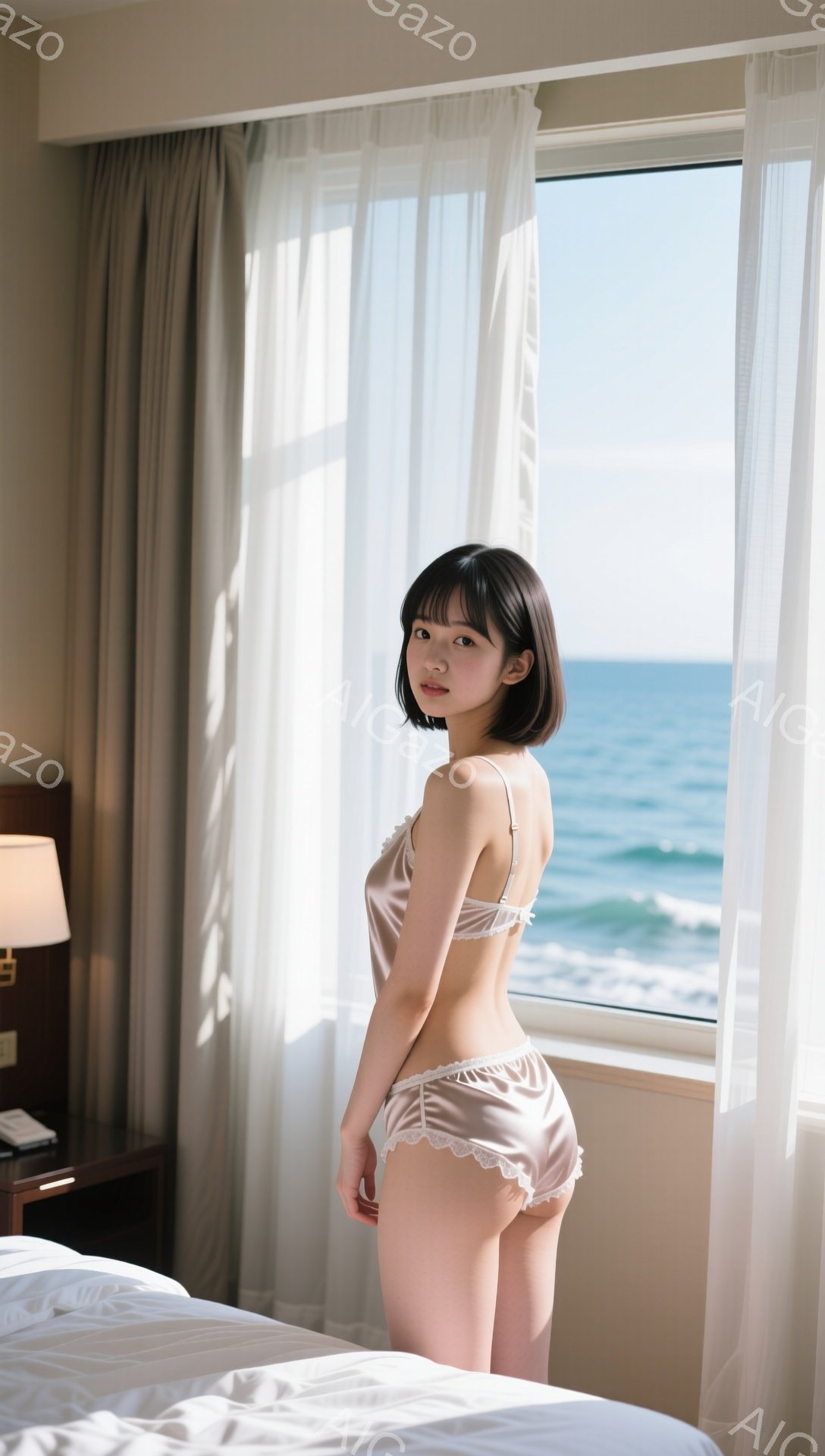 光沢のあるピンク色のサテンのランジェリーセットを身につけた若い女性が、窓の前に立っている。彼女は肩までの長さの黒髪で、少し微笑んでいる。背景には白いカーテンと青い海が見え、部屋は明るく、リラックスした - AI生成フリー素材