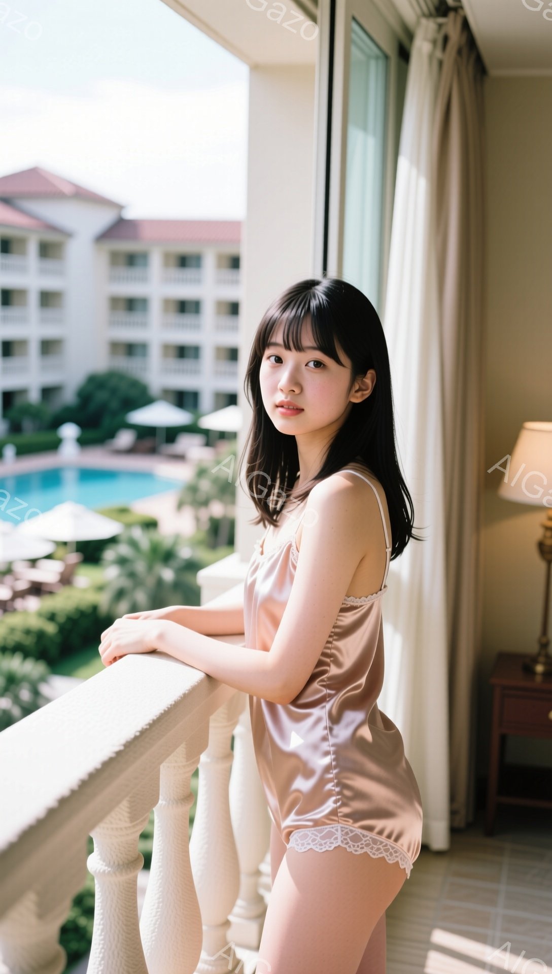 長い黒髪で、前髪は眉毛にかかるようにカットされた若い女性が、ベージュ色のサテンのパジャマセットを身につけてバルコニーに立っている。彼女はリラックスした表情で、片手をバルコニーの手すりに置き、わずかに微 - AI生成フリー素材