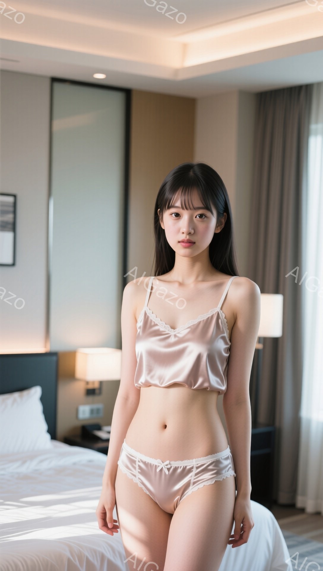 光沢のあるベージュ色のキャミソールとショーツを身につけた若い女性が立っています。彼女はストレートの黒髪を持ち、穏やかな表情でカメラを見つめています。背景には白いベッドと間接照明、そして薄いカーテン越しに見える外の景色があり、部屋全体が柔らかく光に包まれています。