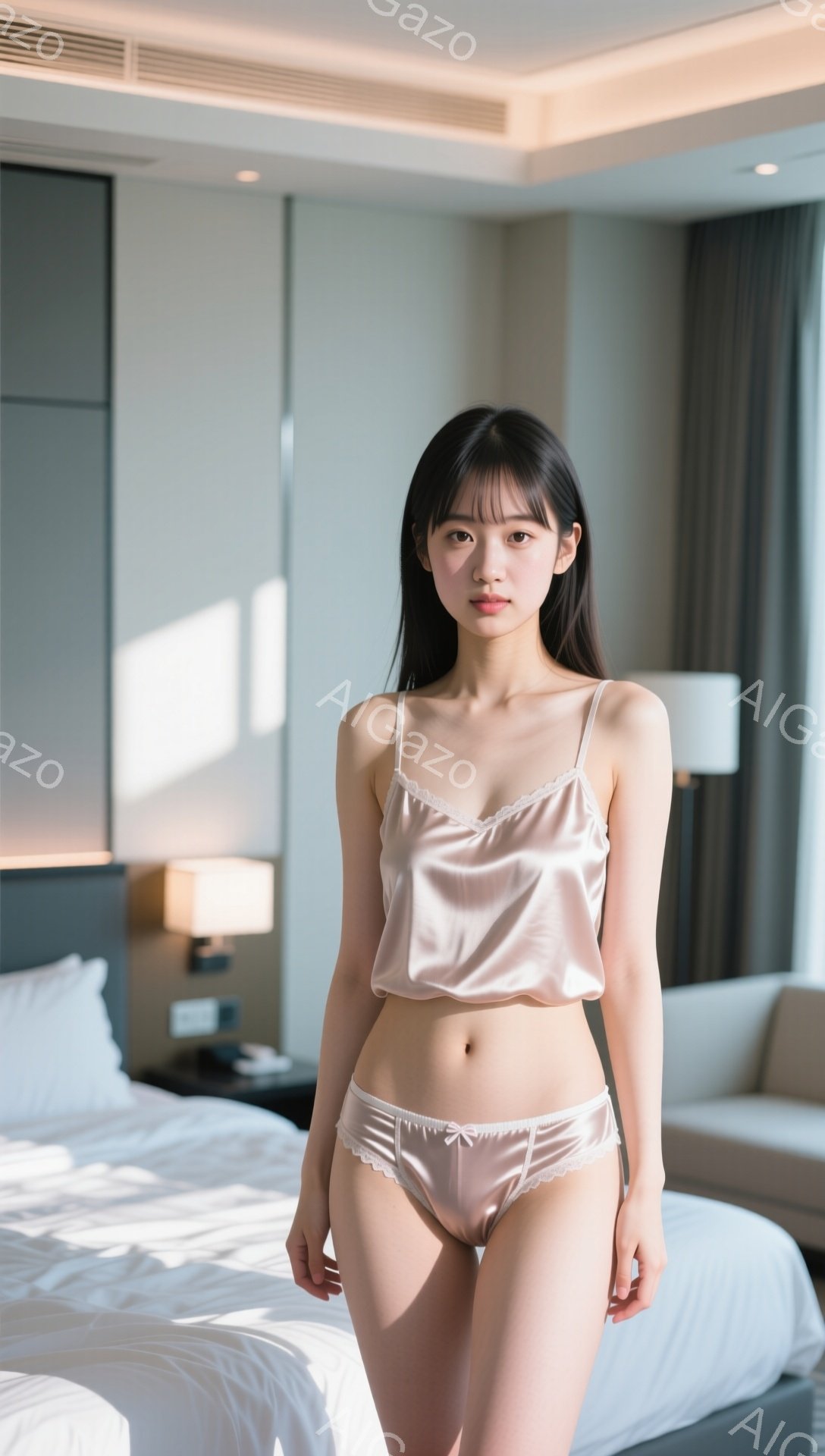 長い黒髪をセンターパートにした女性が、淡いピンクのシルクのキャミソールとショーツ姿で立っている。彼女はわずかに微笑み、リラックスしたポーズでカメラを見つめている。背景は、白いベッドとソファがある明るい - AI生成フリー素材