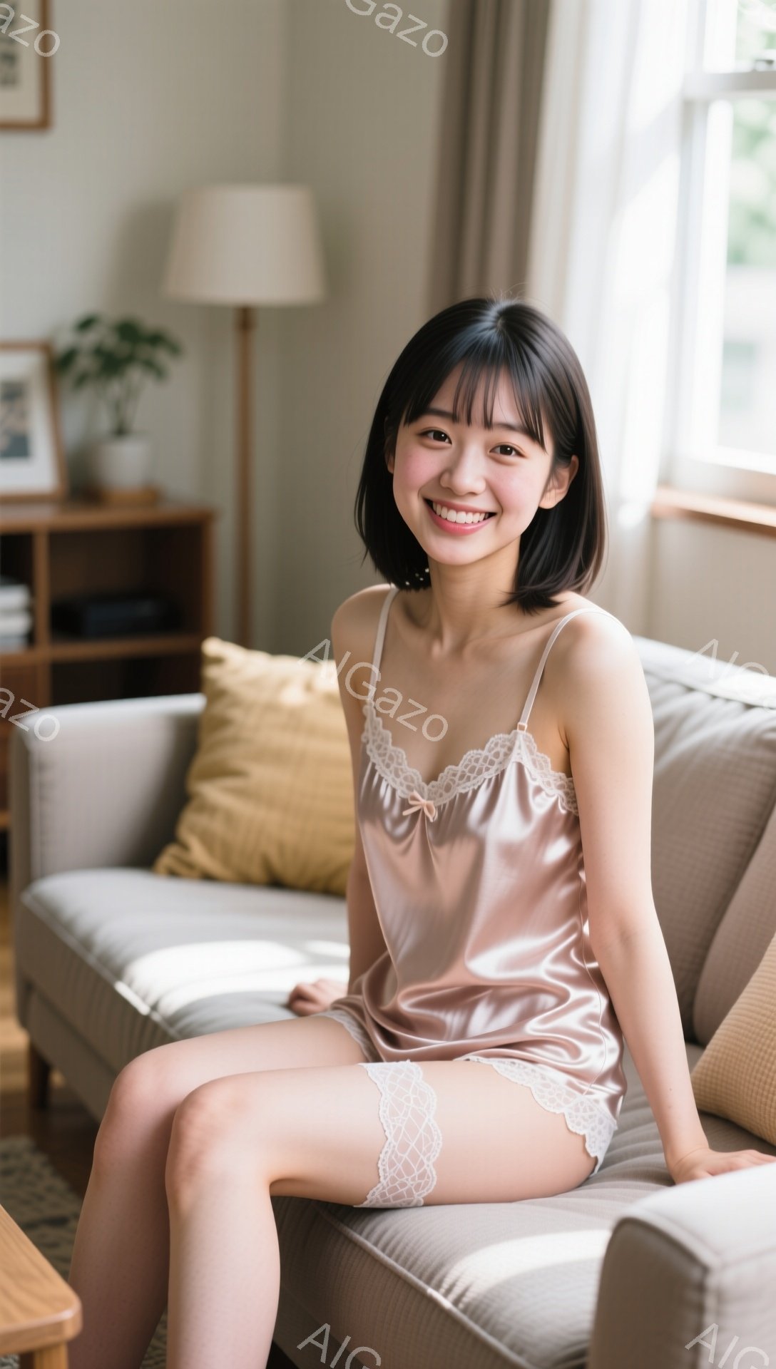 彼女は薄いピンク色のキャミソールとショートパンツを身に着け、膝を曲げてソファに座っています。 彼女は微笑んでおり、黒髪のストレートヘアが肩にかかっています。 背景には、クッション、ランプ、植物のある明 - AI生成フリー素材