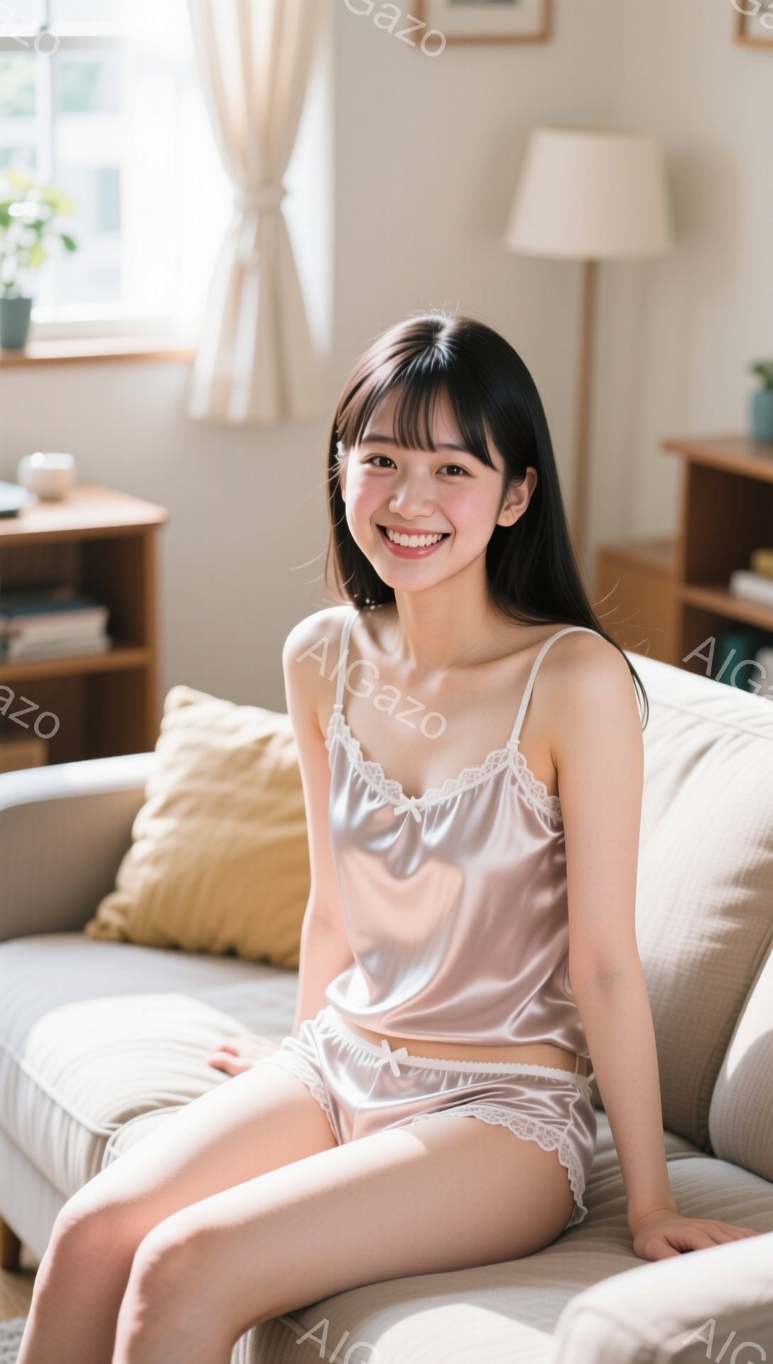 彼女はクリーム色のサテンのキャミソールとショートパンツを身に着け、ソファに座って微笑んでいます。彼女の黒髪は肩にかかり、前髪が目にかかっており、明るい表情で親しみやすい雰囲気を醸し出しています。背景には木製の家具やカーテンが見え、室内の穏やかな自然光が彼女を照らしています。