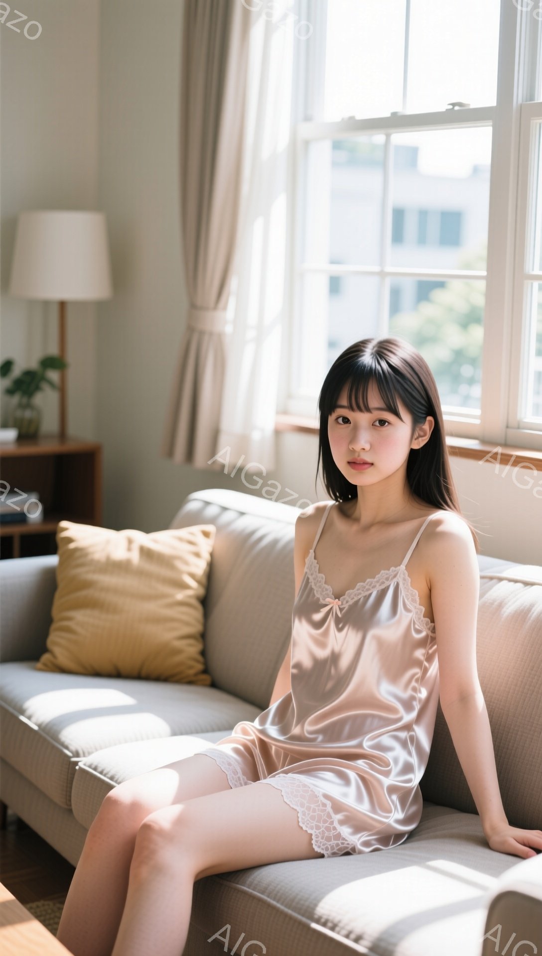 光が差し込むリビングで、ベージュのシルクのキャミソールとショートパンツを着た若い女性がソファに座っています。彼女は肩までの長さのダークブラウンの髪をセンターパートにし、穏やかな微笑みを浮かべています。 - AI生成フリー素材