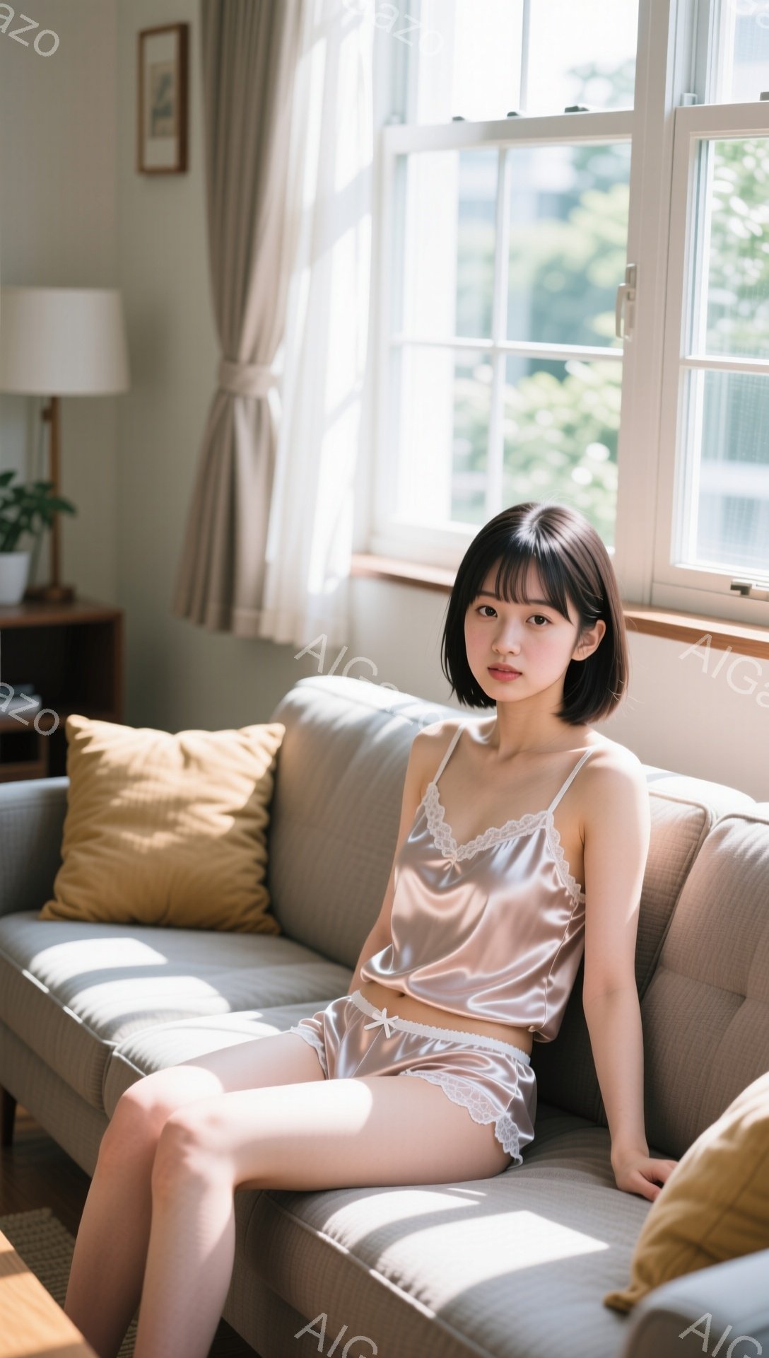 短い茶髪の女性が、薄いピンク色のサテンのパジャマセットを着て、明るいグレーのソファに座っています。彼女はリラックスした表情で、足を組み、窓から差し込む柔らかな光が彼女を照らしています。背景には、木製の - AI生成フリー素材