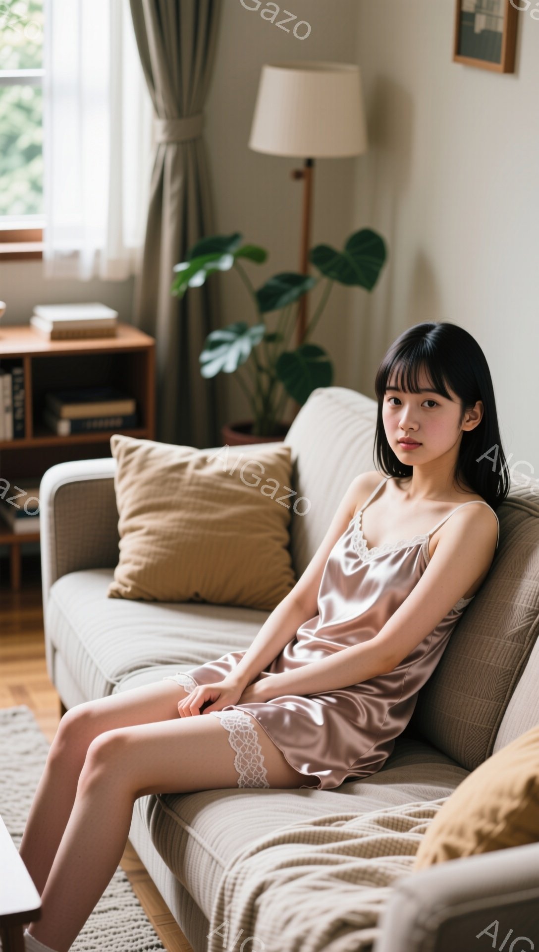 画像は、ベージュのシルクのキャミソールとレースのトリムが付いたショートパンツを身に着けた若い女性が、明るいリビングルームのソファに座っている様子を捉えています。彼女は黒髪のストレートヘアで、前髪が目を - AI生成フリー素材