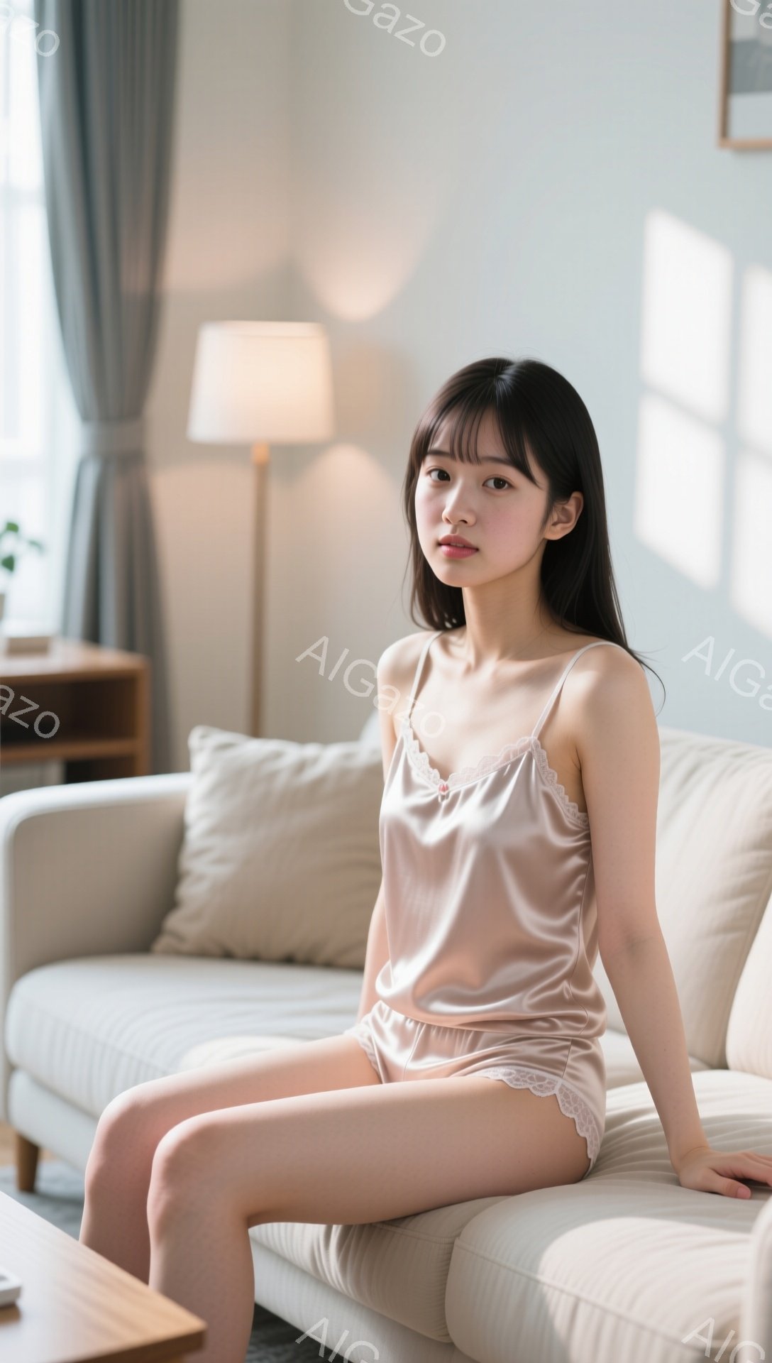 若い女性がクリーム色のソファに座っており、薄いピンク色のサテンのパジャマセットを着用しています。彼女はストレートで長い黒髪で、前髪が目に少しかかっています。彼女は正面を見つめ、少し微笑んでいるように見 - AI生成フリー素材