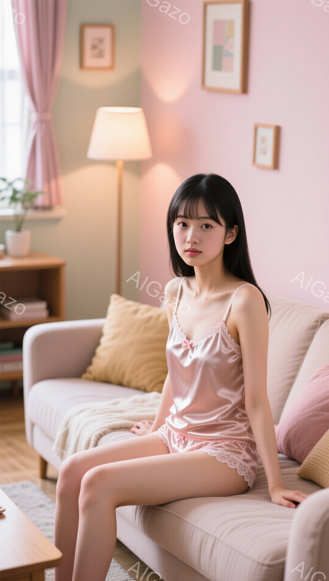 長い黒髪の女性が、薄いピンク色のサテンのパジャマセットを着て、明るいベージュ色のソファに座っています。彼女は少し微笑み、まっすぐ前を見つめており、リラックスした姿勢です。背景には、白い窓、観葉植物、そ - AI生成フリー素材