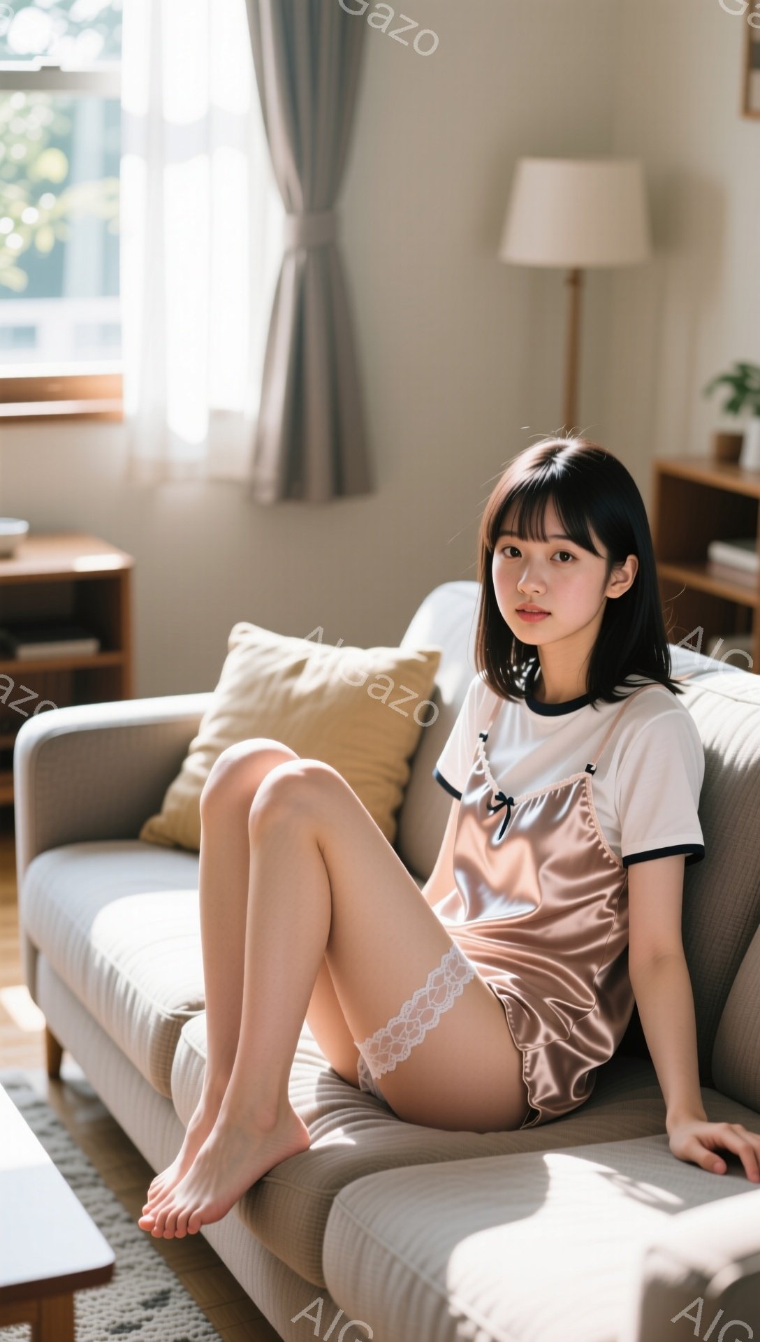 若い女性が明るいリビングルームのソファに座っています。彼女はオフホワイトのトリムが黒のパジャマセットを着ており、ダークブラウンの髪は肩にかかる長さで、前髪があります。彼女はリラックスしたポーズで、片足 - AI生成フリー素材