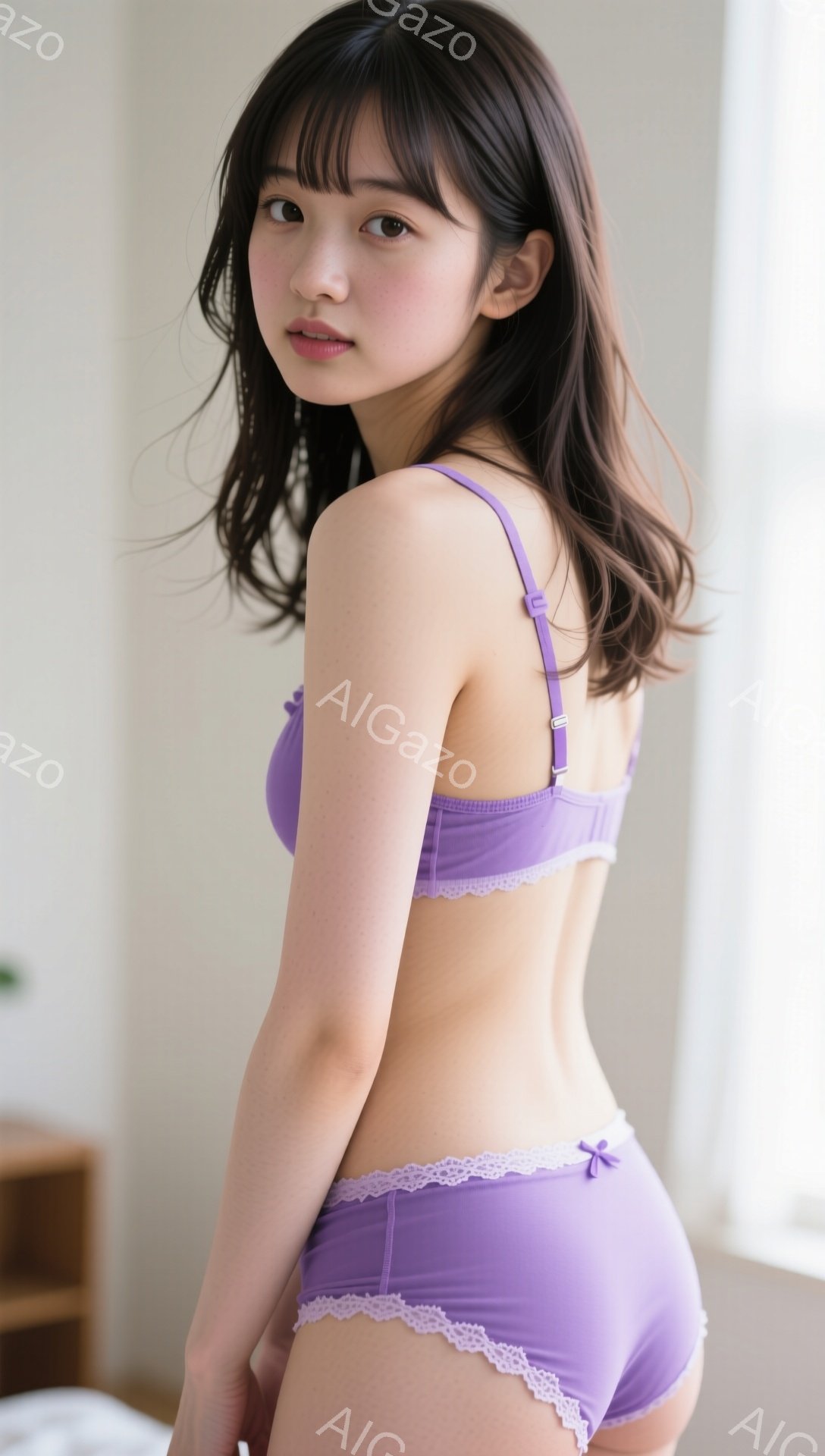 明るい室内で、紫色のランジェリーを着た若い女性が写っている。彼女は少し振り返ってカメラを見ているが、表情は穏やかで微笑んでいる。背景にはぼやけた家具が見え、全体的に柔らかく、リラックスした雰囲気が漂っ - AI生成フリー素材