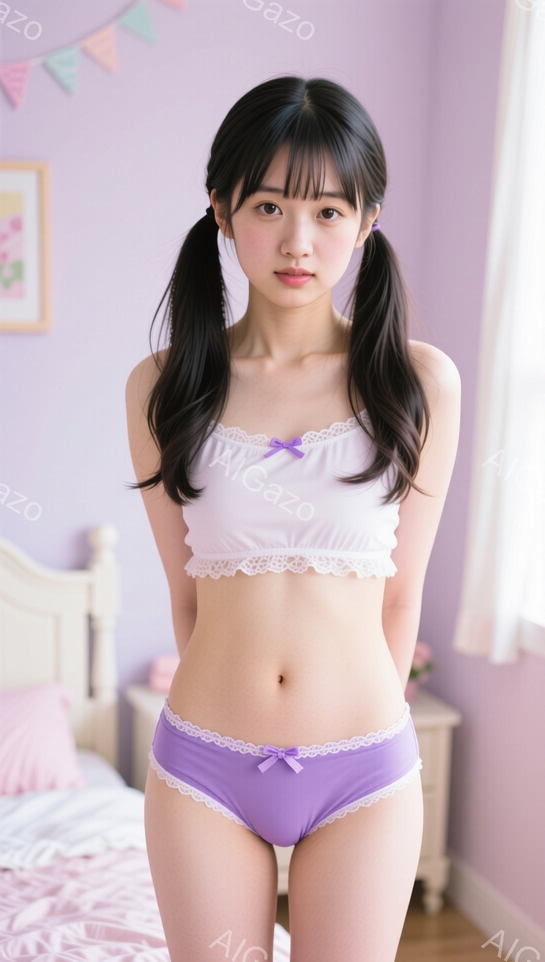 黒髪のツインテールに整った前髪の女性が、淡い紫色の下着と白いレースのブラトップを着て立っています。彼女はわずかに微笑み、リラックスした姿勢でカメラを見つめています。背景は薄紫色の壁とベッドがあり、可愛らしい雰囲気の部屋の中で撮影されています。